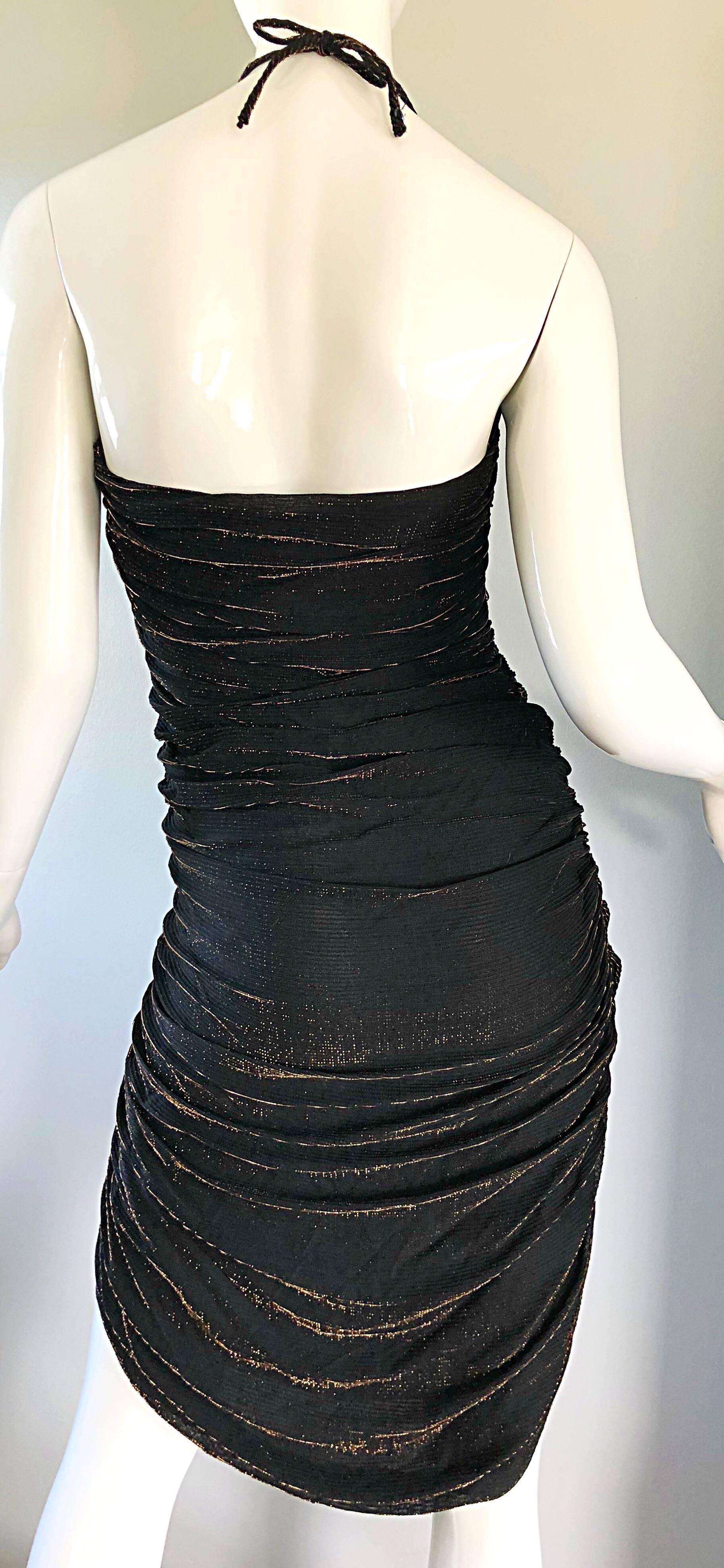 Women's 1970s Samir Black + Bronze Gold Sexy Ruched Studio 54 Vintage 70s Disco Dress