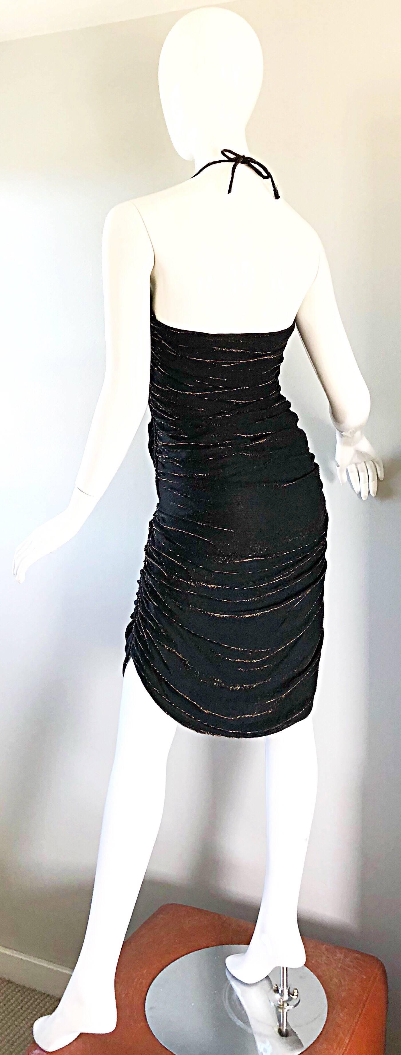 1970s Samir Black + Bronze Gold Sexy Ruched Studio 54 Vintage 70s Disco Dress 1