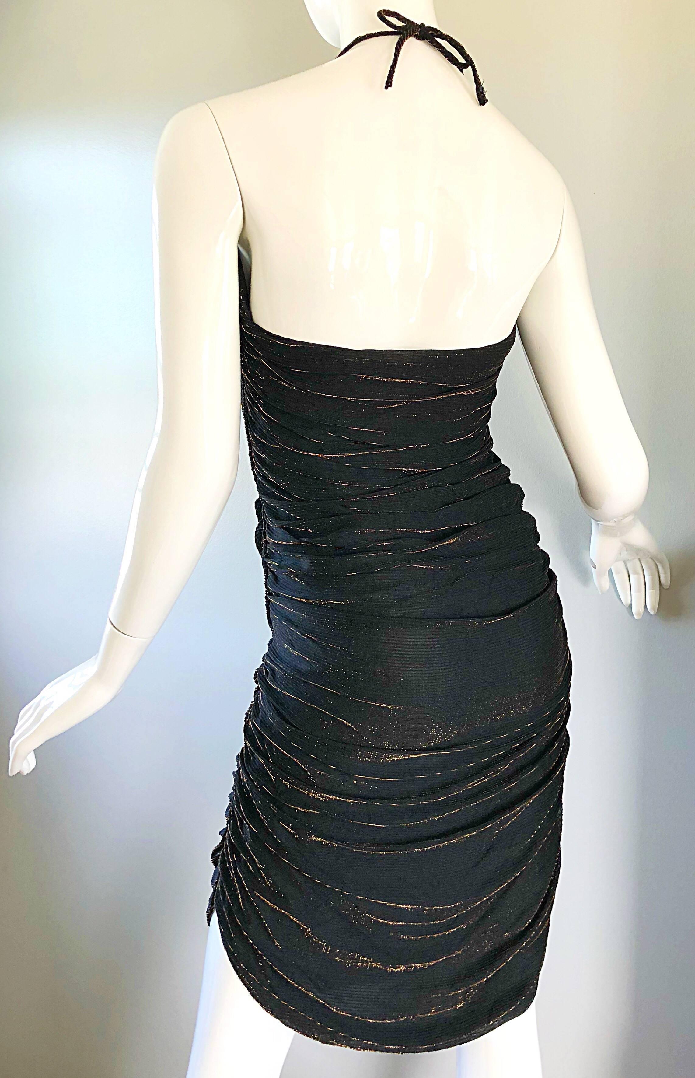 1970s Samir Black + Bronze Gold Sexy Ruched Studio 54 Vintage 70s Disco Dress 2