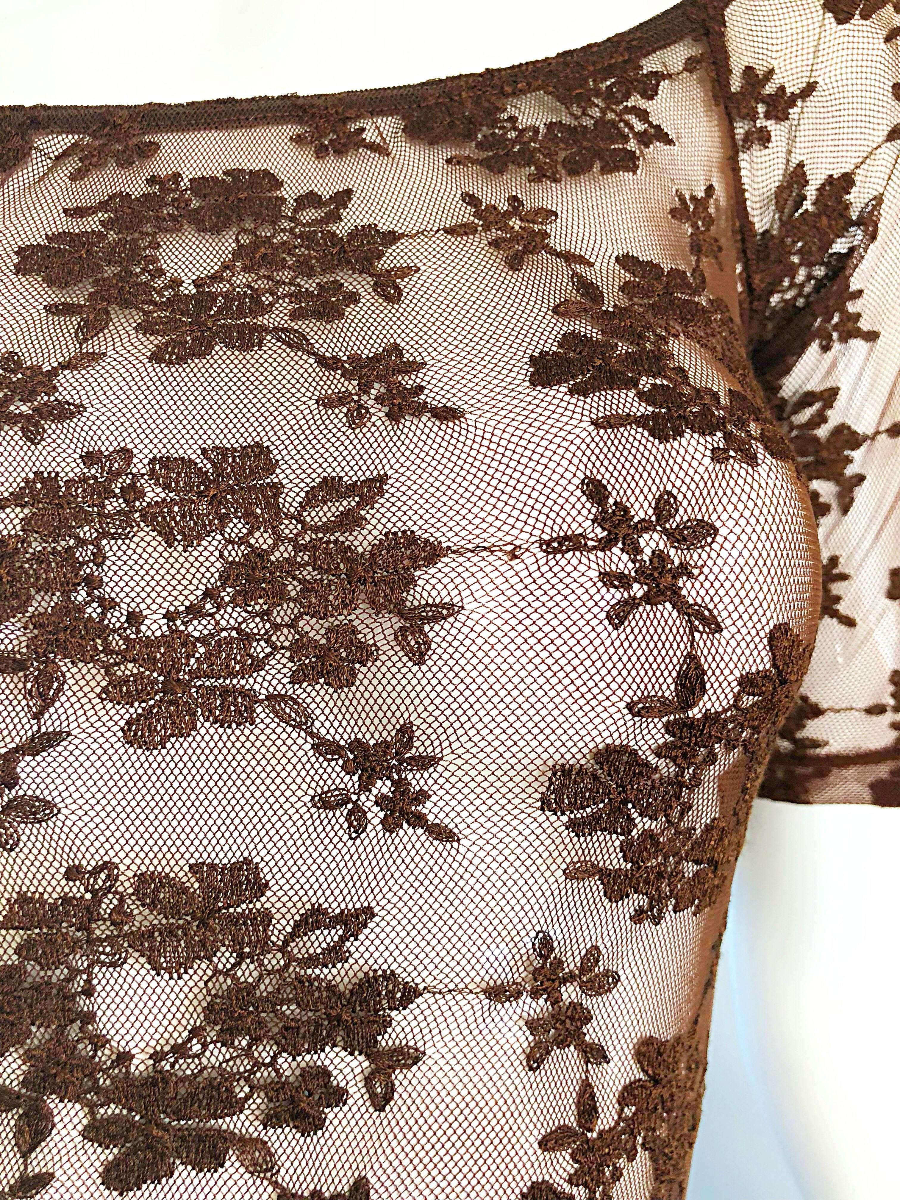 Marrone Raro Rifat Ozbek 1990s Choclate Brown French Lace 90s Vintage Bodysuit Top in vendita