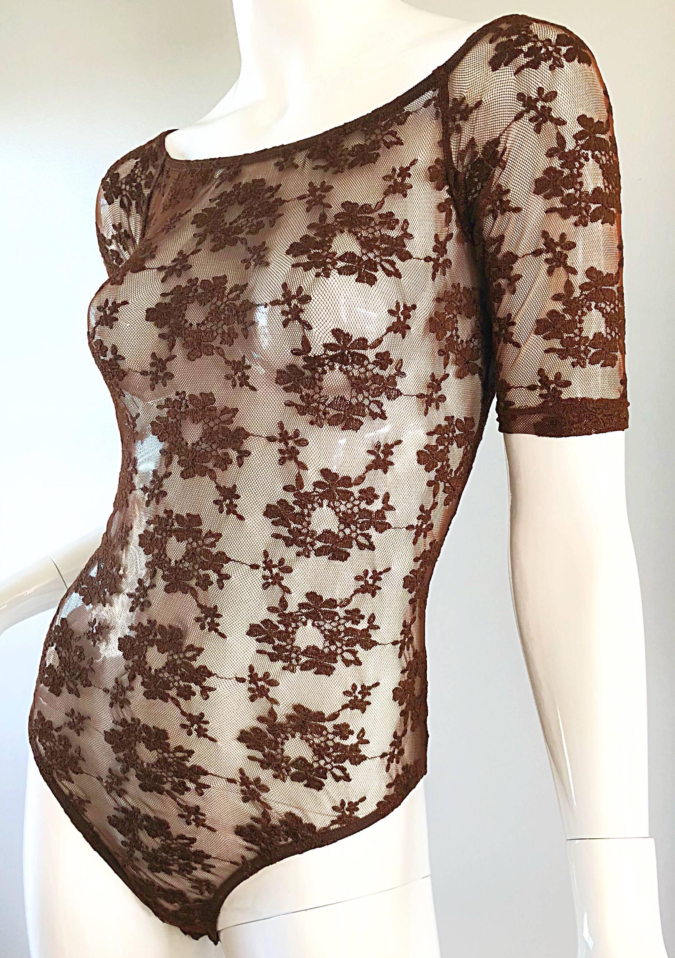 Donna Raro Rifat Ozbek 1990s Choclate Brown French Lace 90s Vintage Bodysuit Top in vendita
