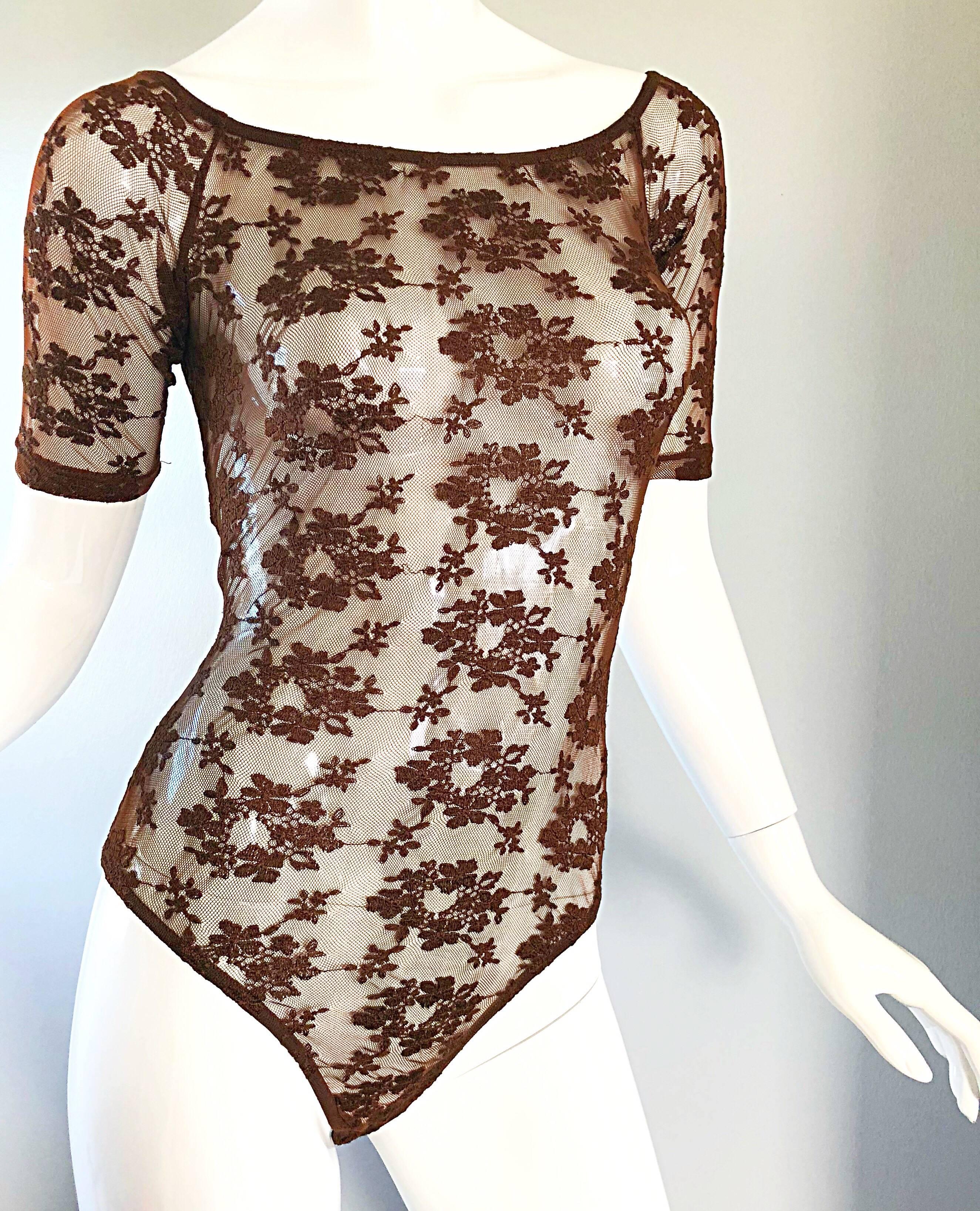 Rare Rifat Ozbek 1990s Choclate Brown French Lace 90s Vintage Bodysuit Top  In Excellent Condition For Sale In San Diego, CA