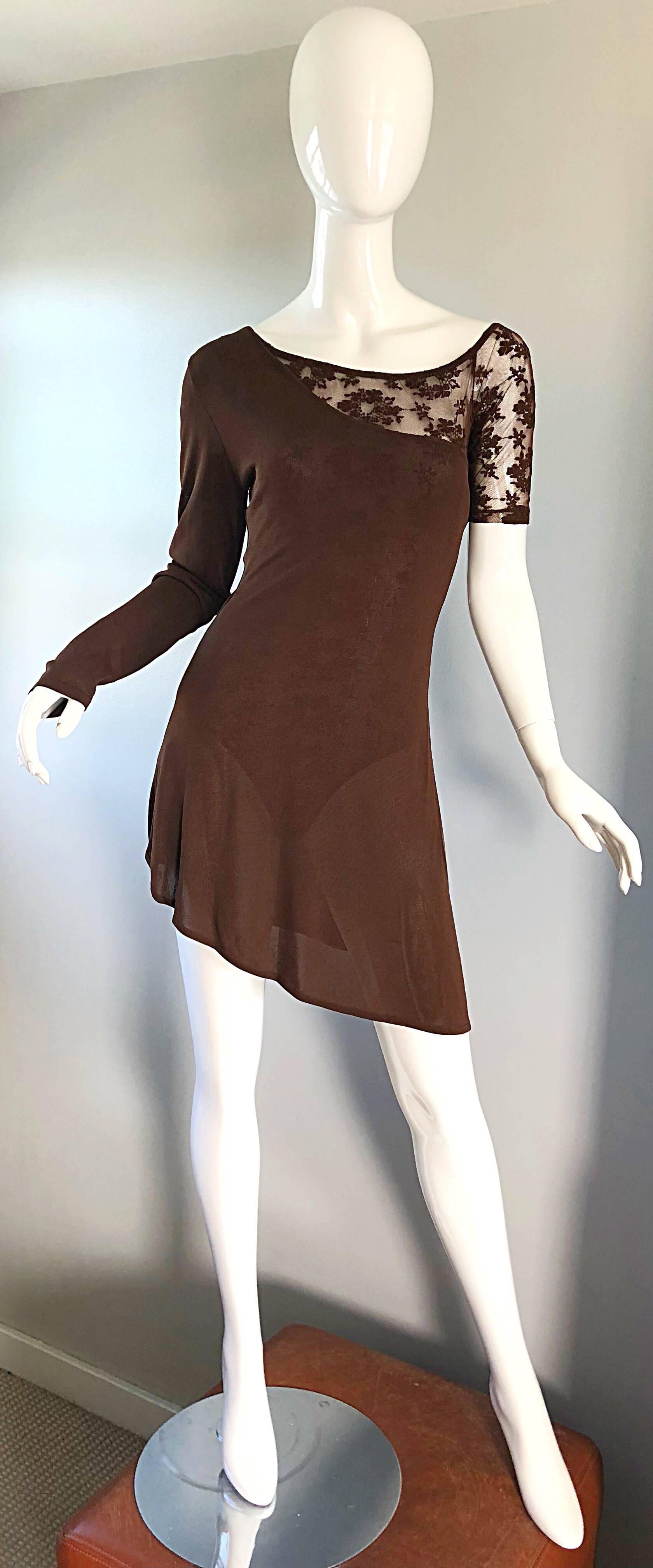 Raro Rifat Ozbek 1990s Choclate Brown French Lace 90s Vintage Bodysuit Top in vendita 2
