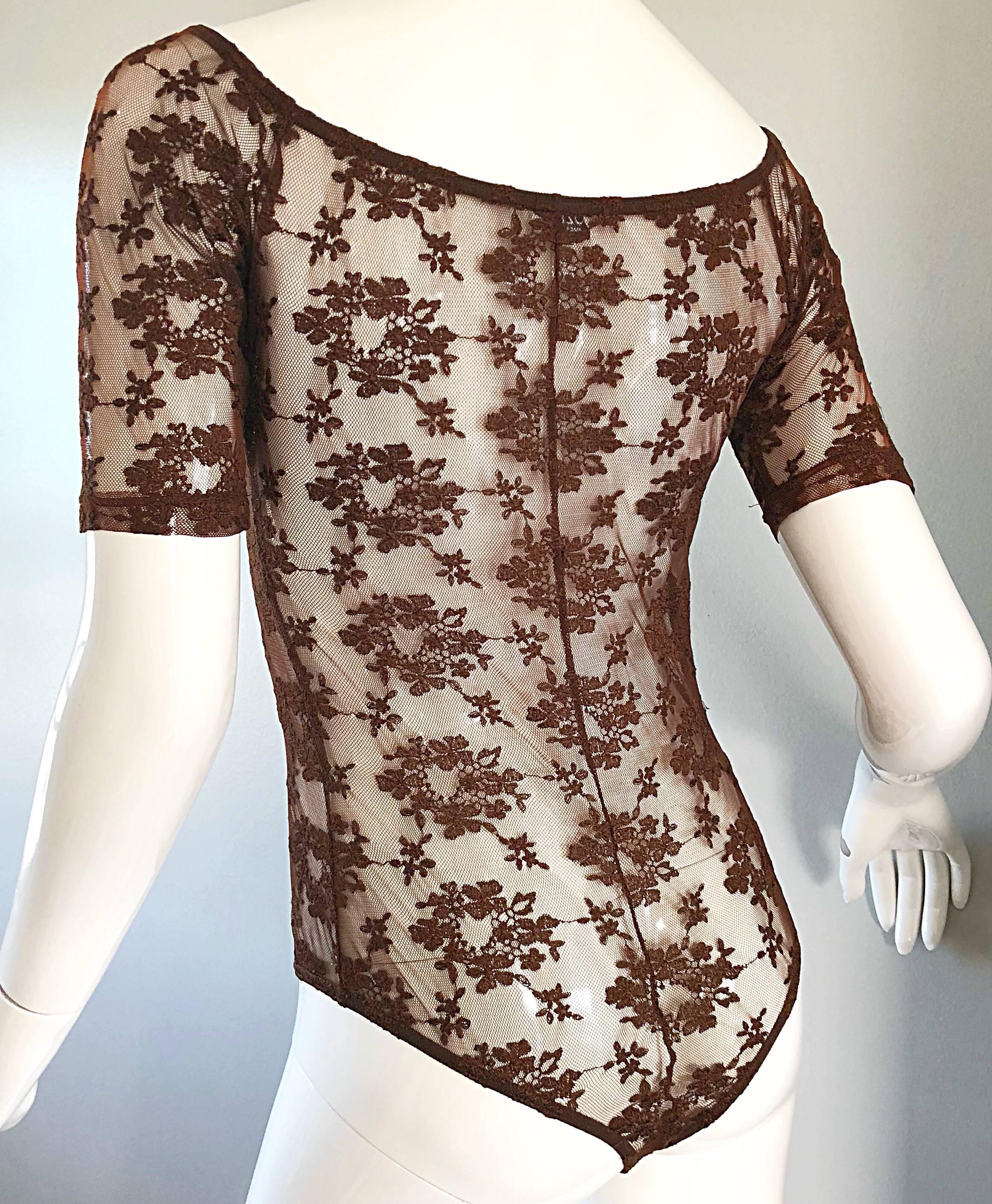 Rare Rifat Ozbek 1990s Choclate Brown French Lace 90s Vintage Bodysuit Top  For Sale 1