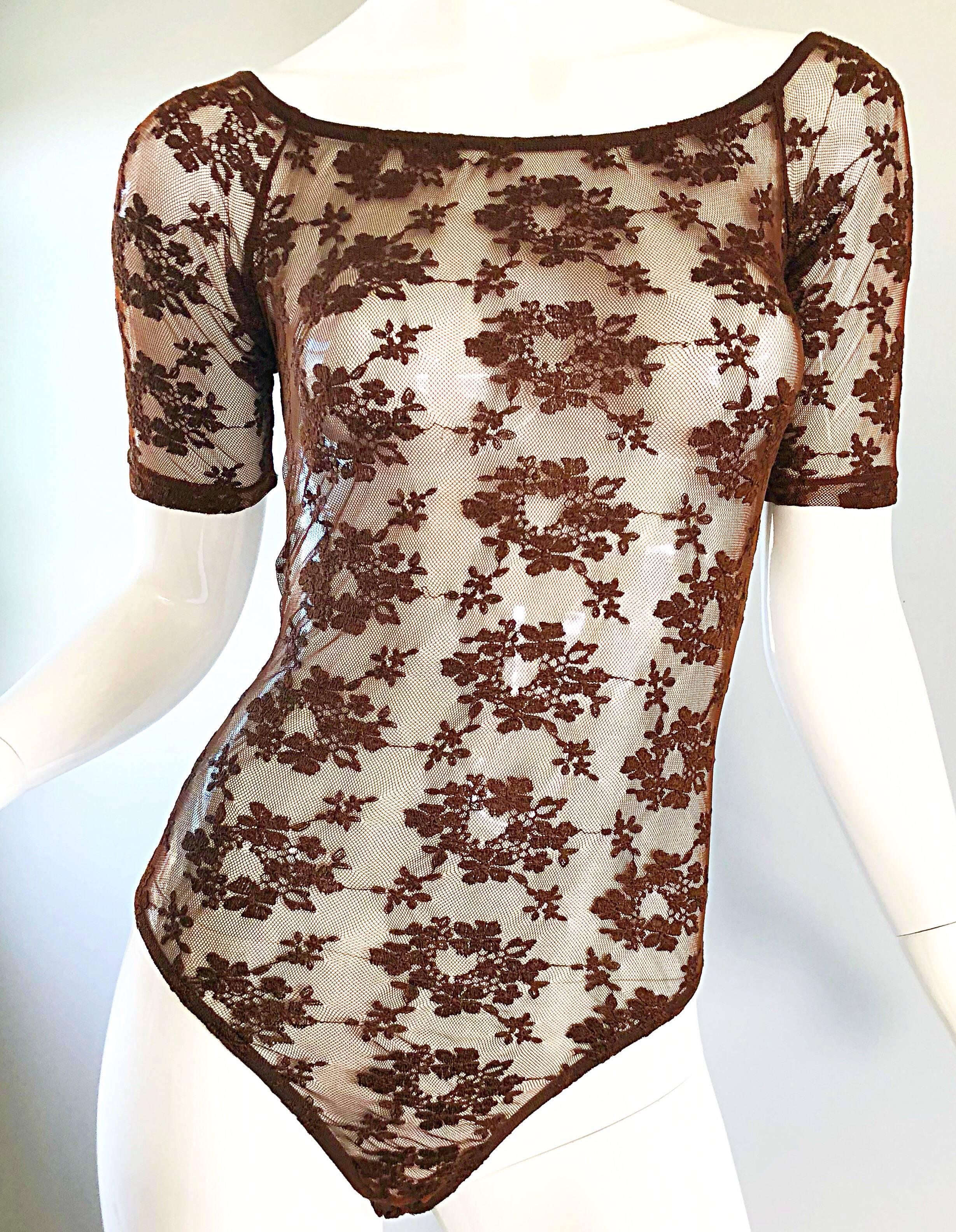Rare Rifat Ozbek 1990s Choclate Brown French Lace 90s Vintage Bodysuit Top  For Sale 2