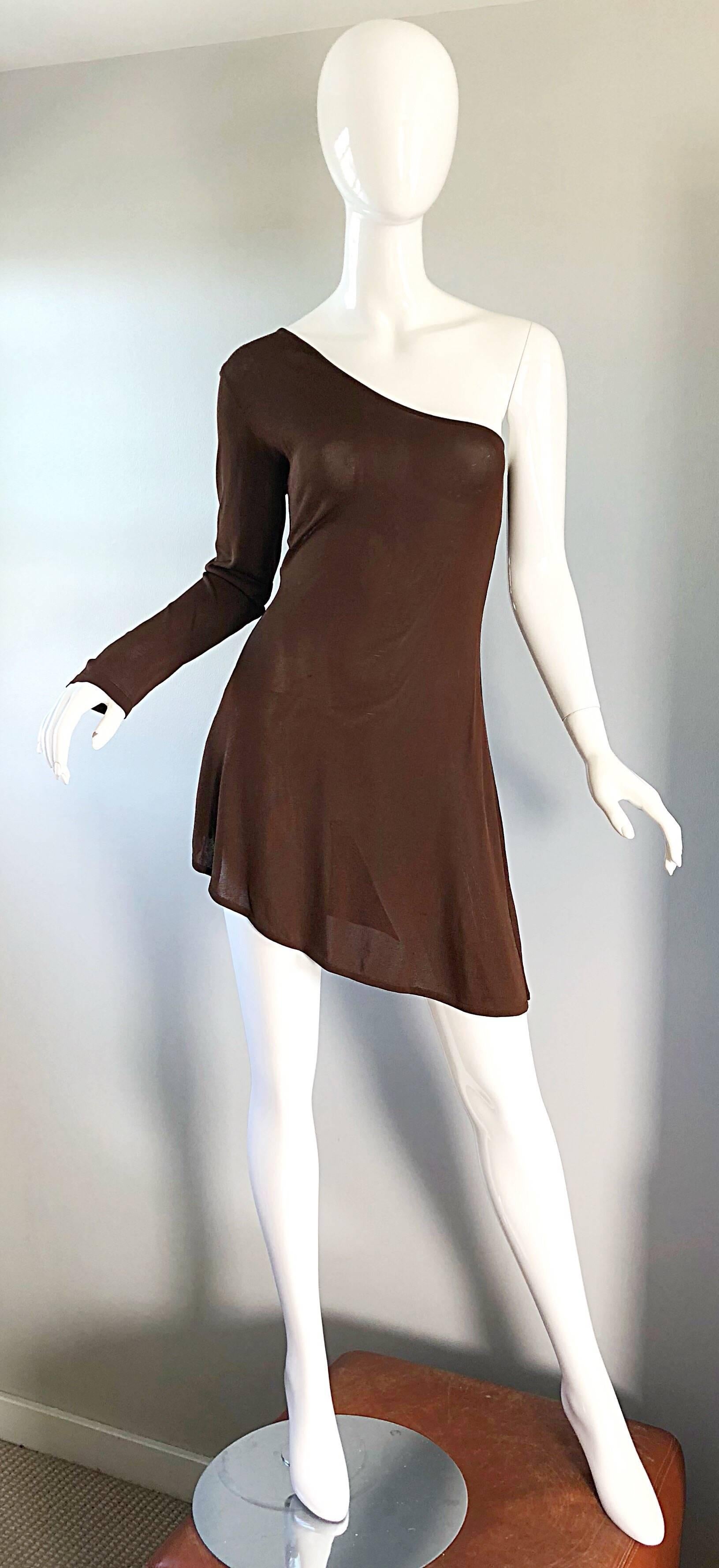 Sexy 1990s ALBERTA FERRETTI chocolate brown one shoulder mini dress / tunic! Simply slips over the head and stretches to fit. Great alone or belted, with jeans, etc. Soft rayon knit fabric looks fantastic on! Also looks great with the pictured brown