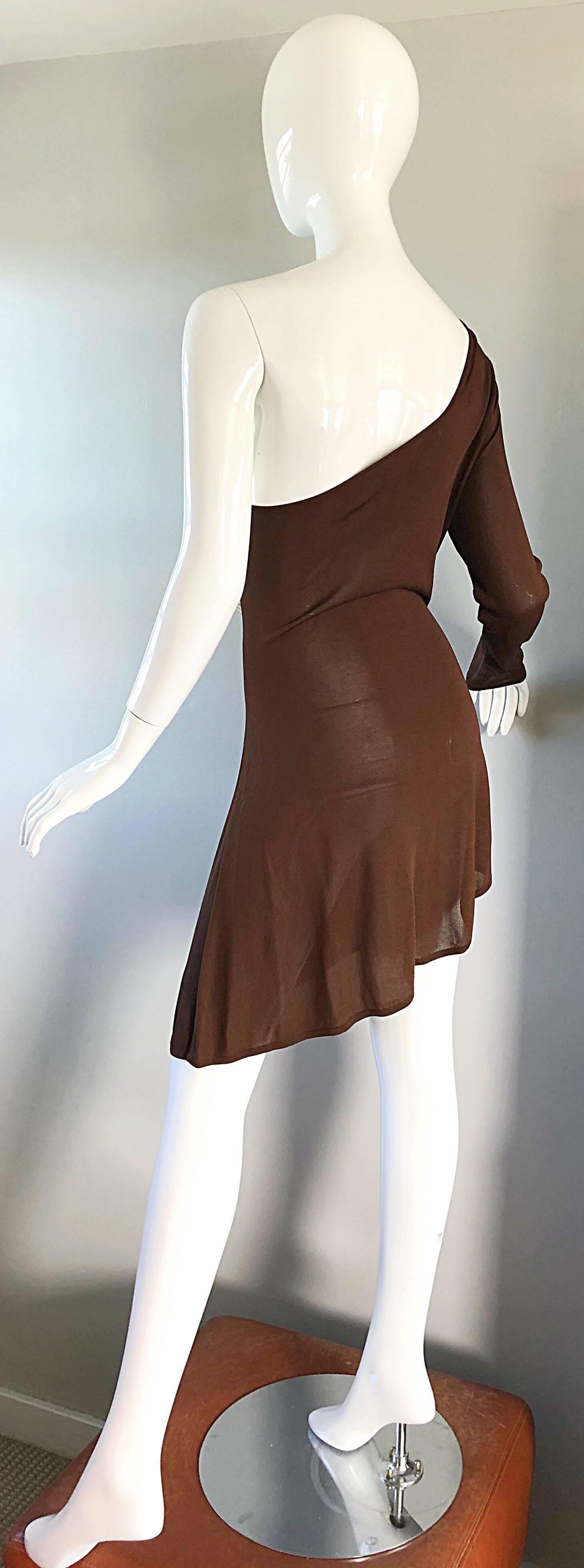 Alberta Ferretti Vintage 1990s Size 12 Brown One Shoulder 90s Mini Dress Tunic For Sale 1