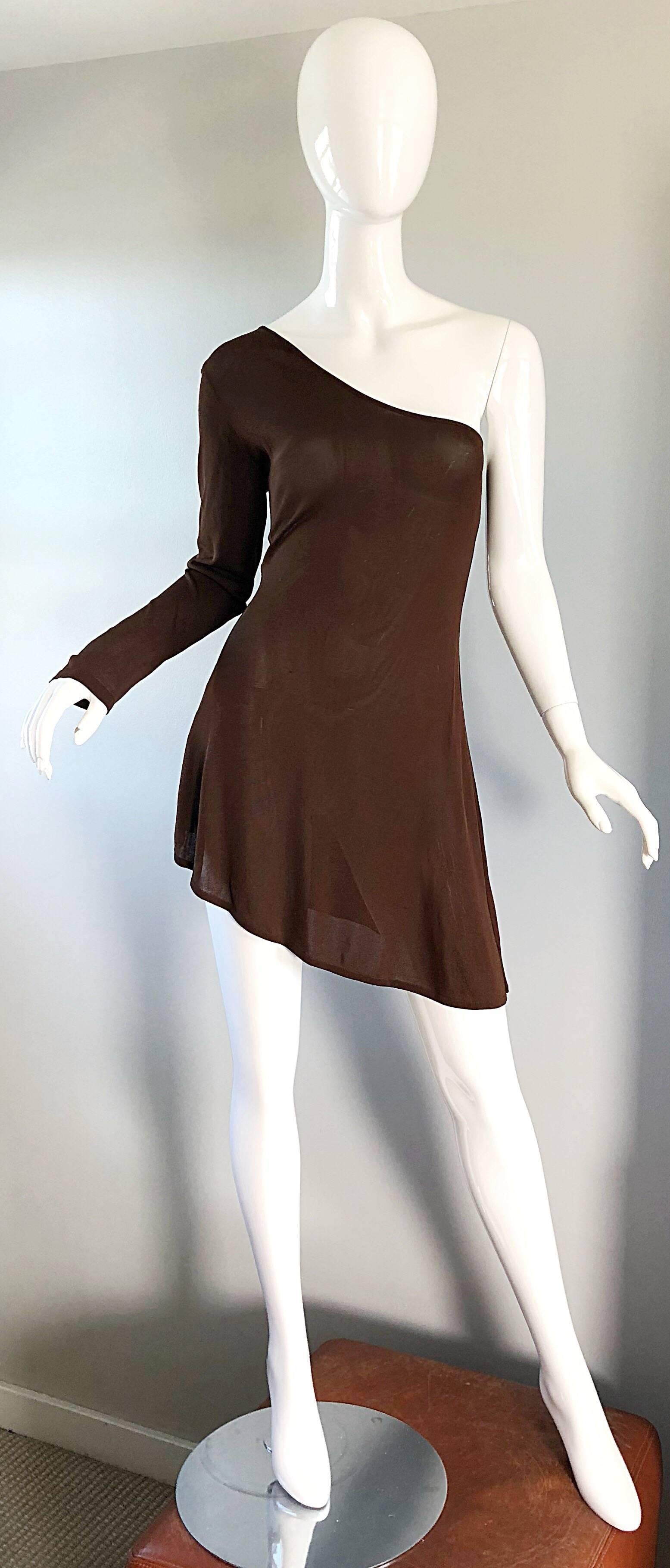 Alberta Ferretti Vintage 1990s Size 12 Brown One Shoulder 90s Mini Dress Tunic For Sale 2