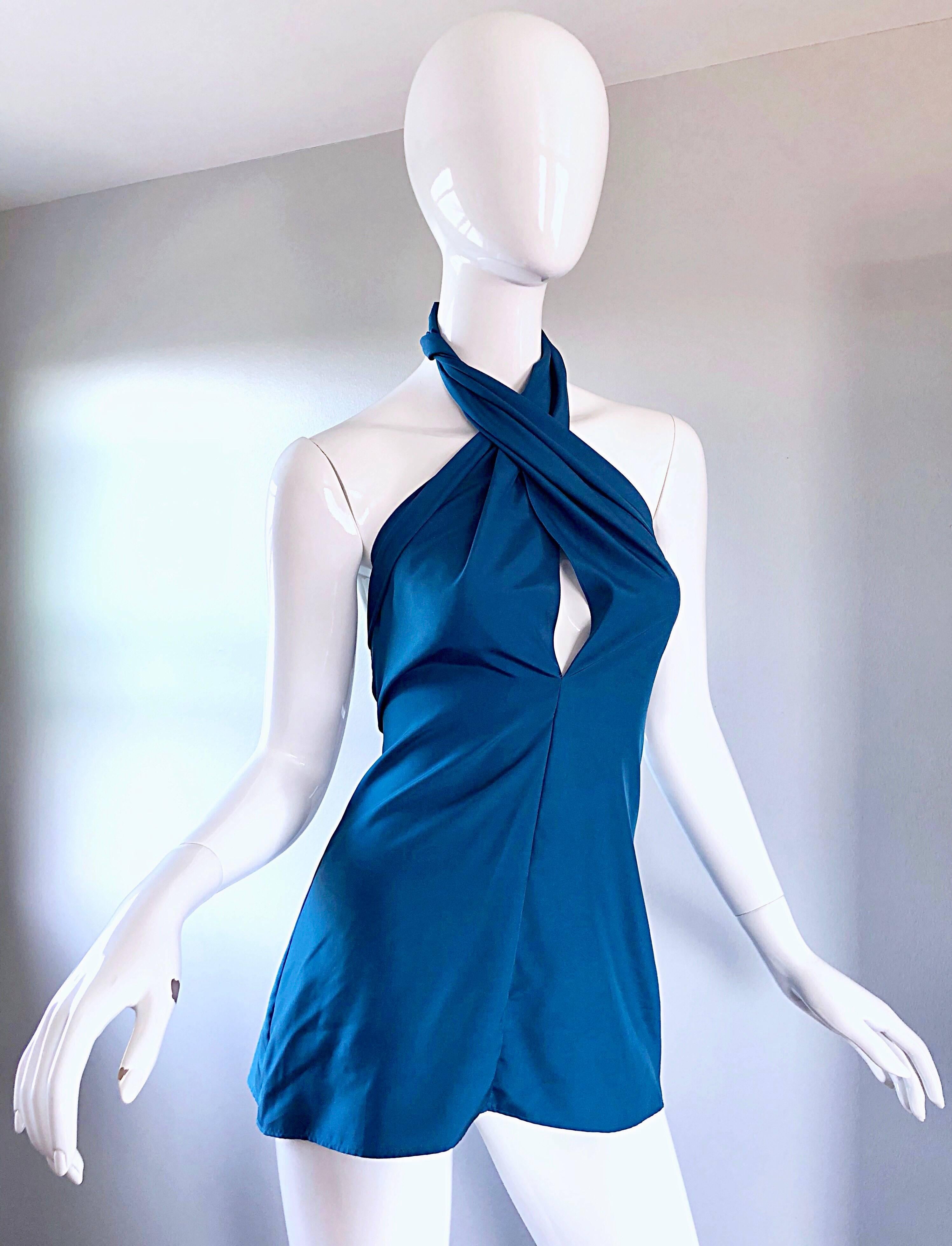 Yves Saint Laurent YSL Rive Gauche New Blue Plunging Silk Halter Top ...