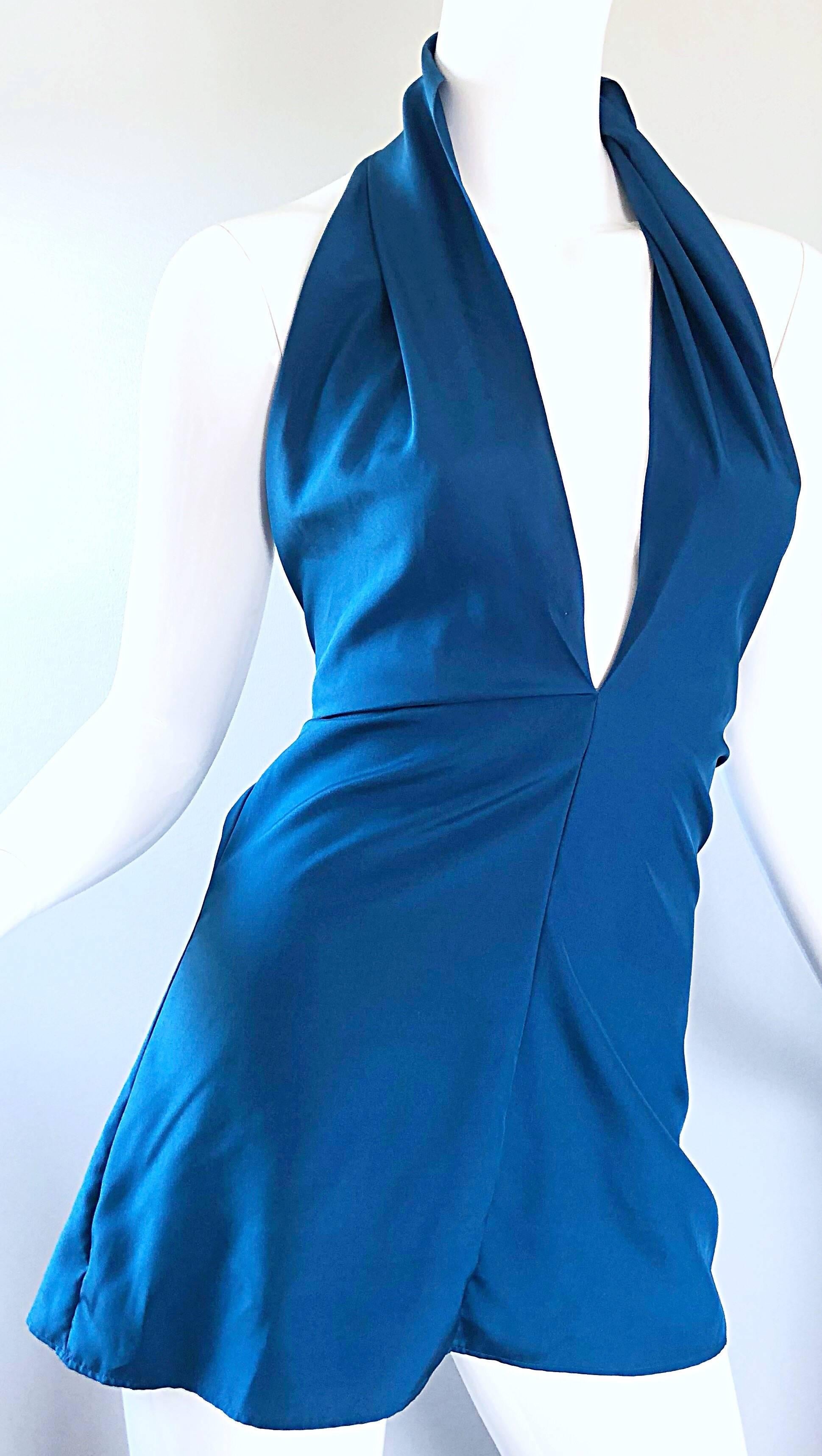 Yves Saint Laurent YSL Rive Gauche New Blue Plunging Silk Halter Top In New Condition For Sale In San Diego, CA