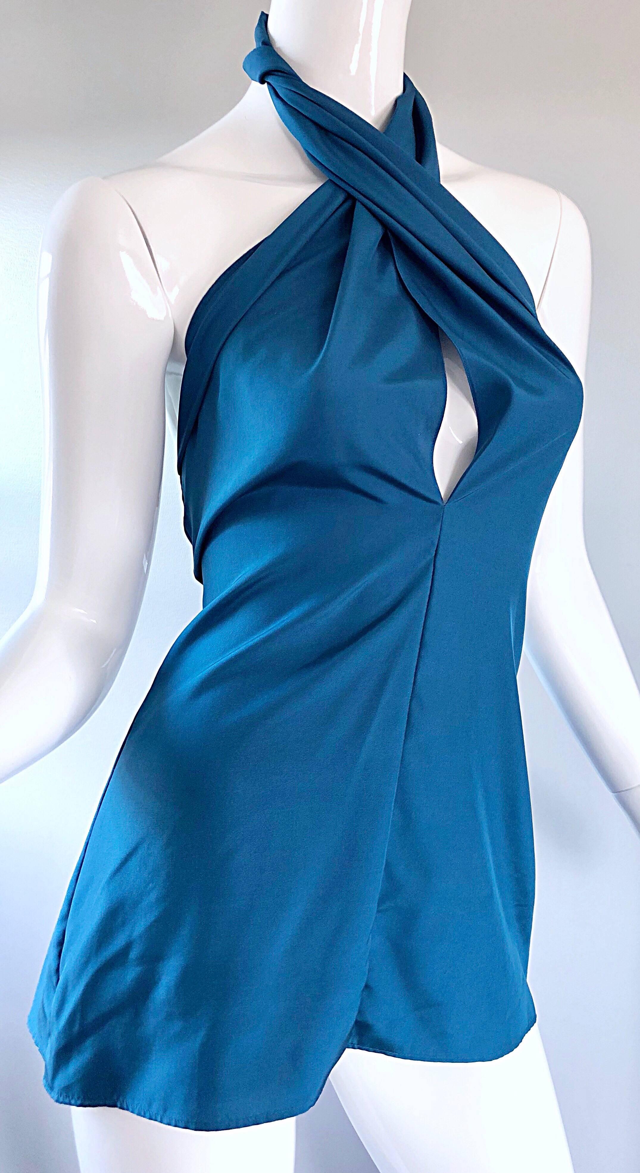 Yves Saint Laurent YSL Rive Gauche New Blue Plunging Silk Halter Top For Sale 1