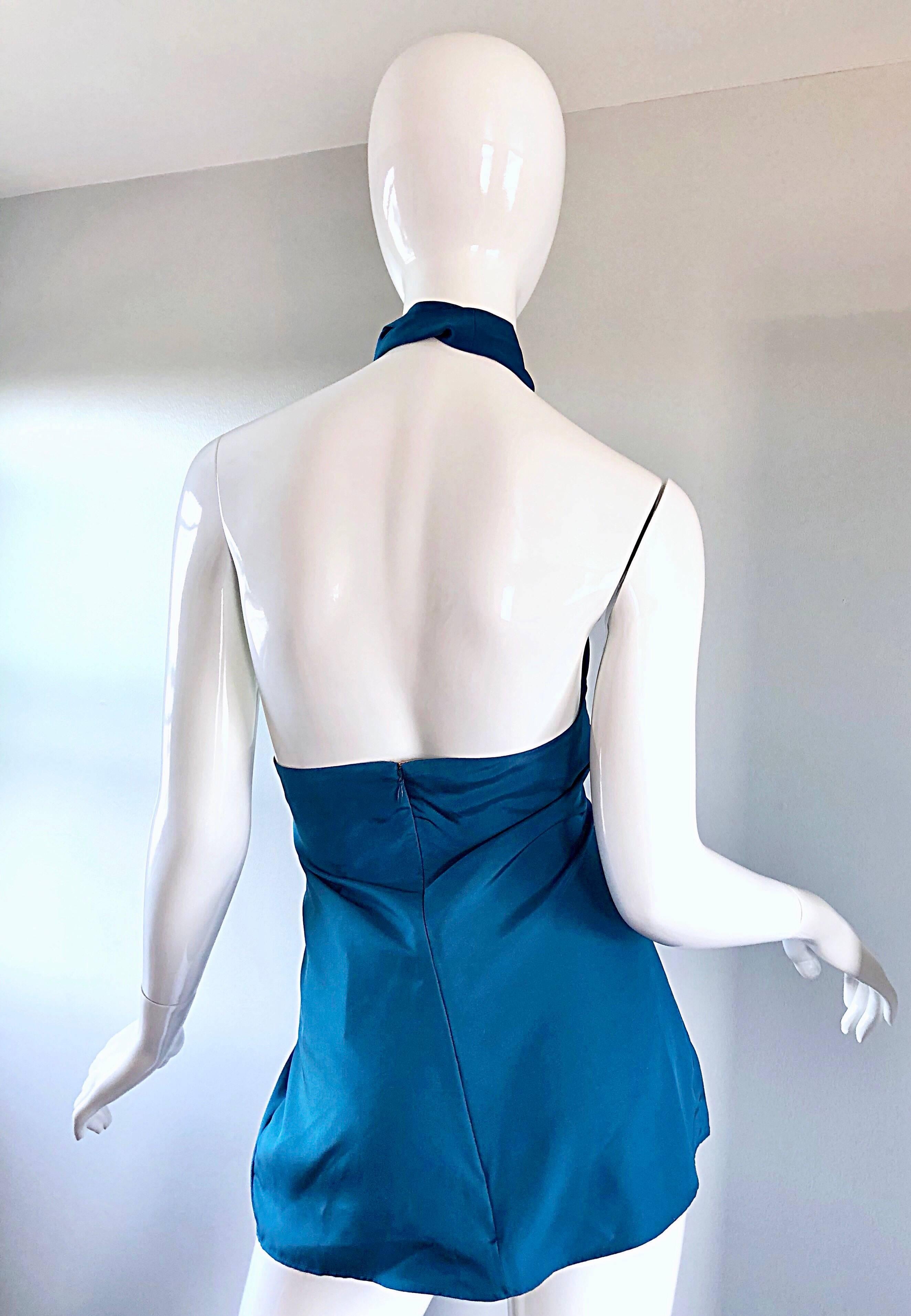 Yves Saint Laurent YSL Rive Gauche New Blue Plunging Silk Halter Top For Sale 2
