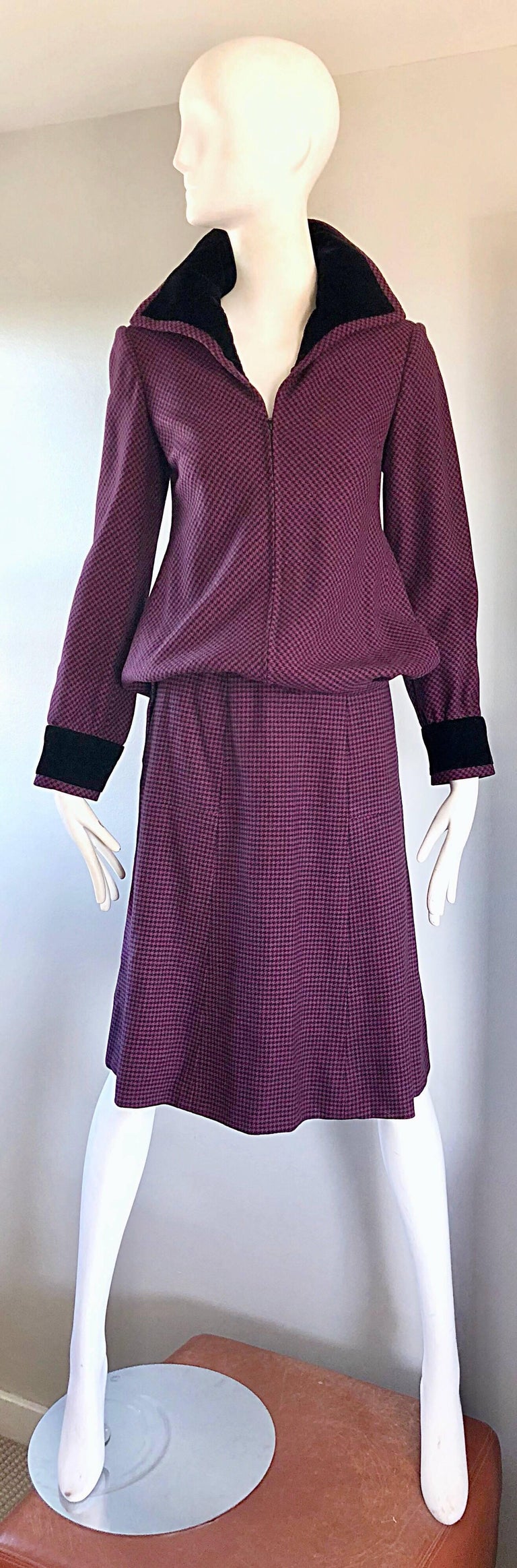 Chic 1970s CARDINALI original sample two piece virgin wool skirt suit! Comes from Marilyn Lewis', Cardinali's founder and designer, personal wardrobe. Vibrant purple and black mini checks on a soft virgin wool. Avant Garde jacket features an