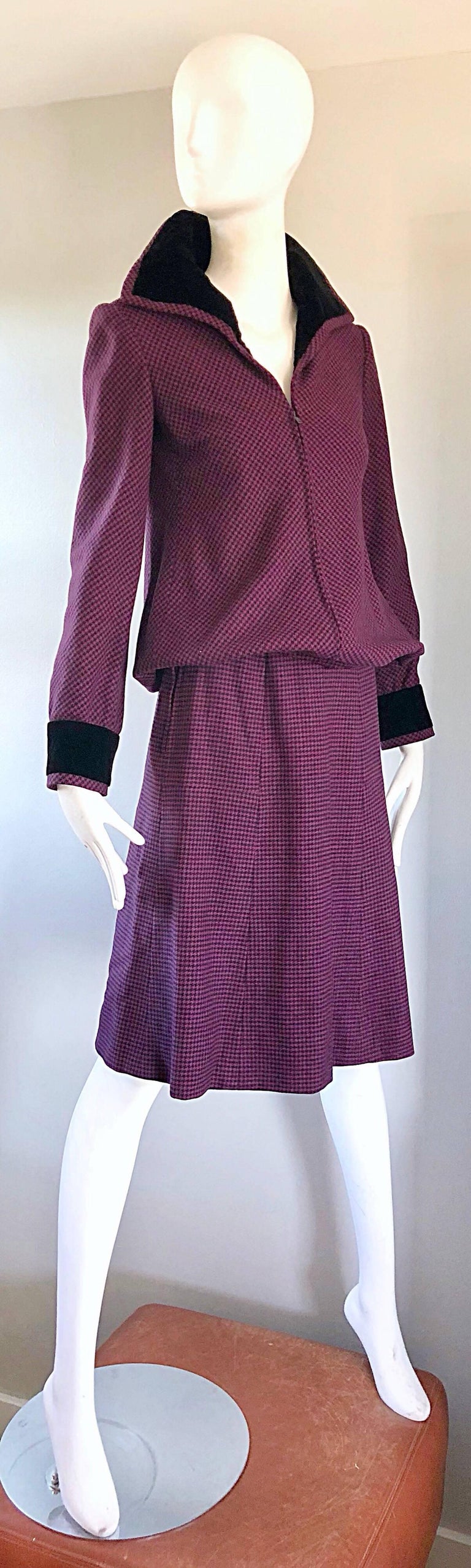 Cardinali 1970s Original Sample Purple + Black Checkered Vintage 70s Skirt Suit  In Excellent Condition For Sale In San Diego, CA