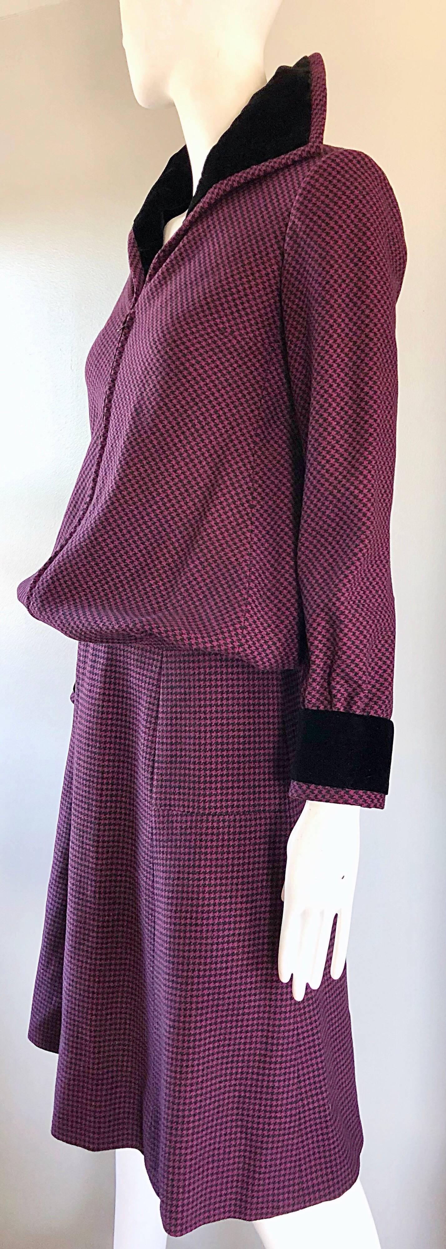 Cardinali 1970s Original Sample Purple + Black Checkered Vintage 70s Skirt Suit For Sale 1
