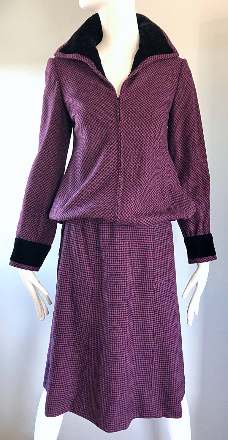 Cardinali 1970s Original Sample Purple + Black Checkered Vintage 70s Skirt Suit  For Sale 2