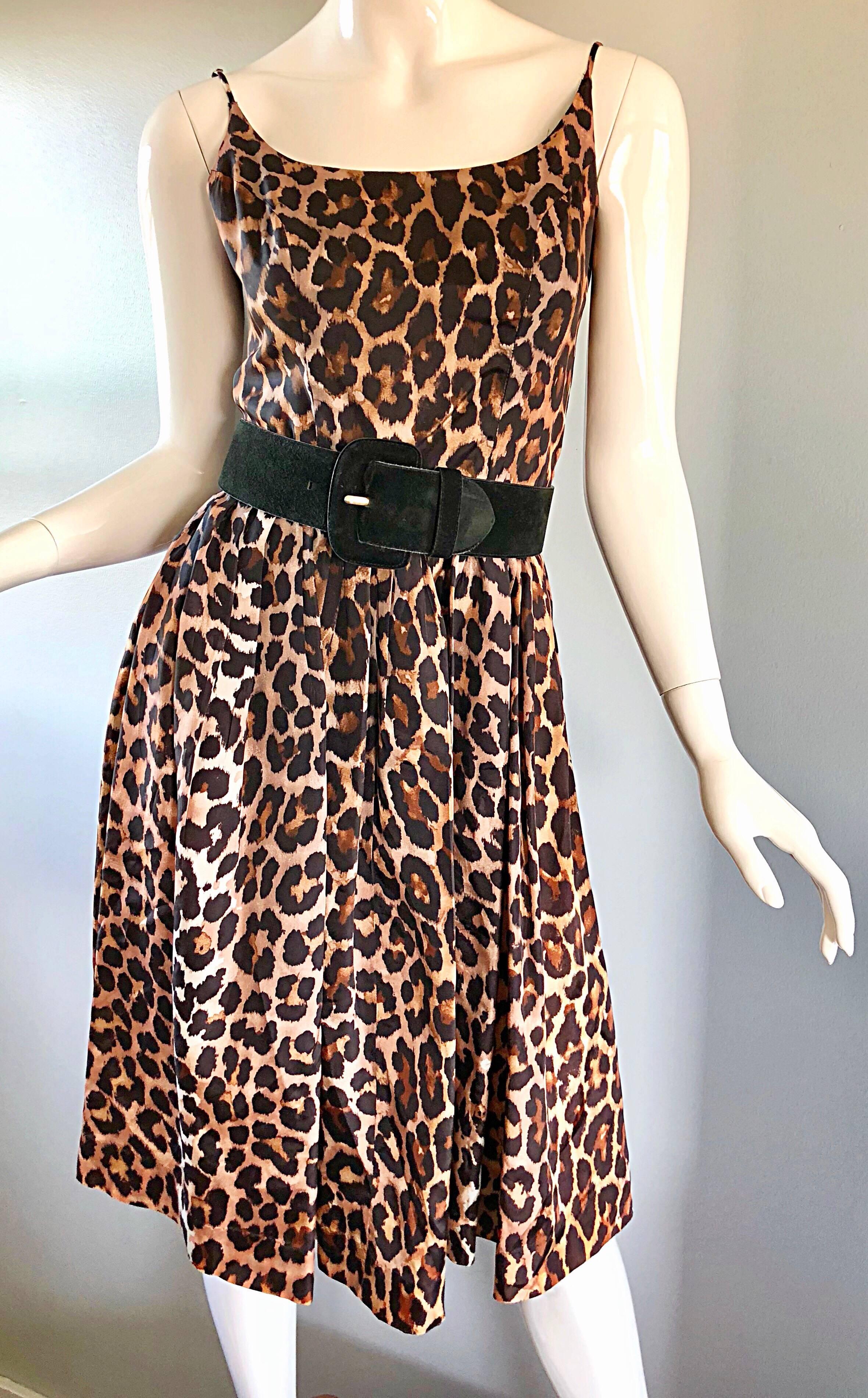 Black Gorgeous 1950s Demi Couture Leopard Cheetah Print Silk Fit n' Flare 50s Dress For Sale