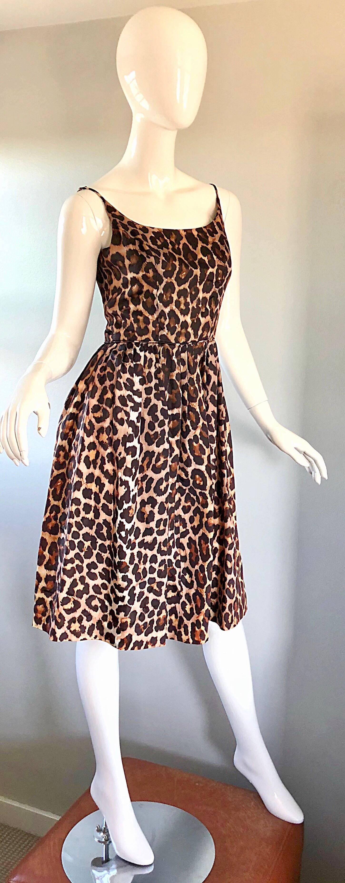Gorgeous 1950s Demi Couture Leopard Cheetah Print Silk Fit n' Flare 50s Dress In Excellent Condition For Sale In San Diego, CA