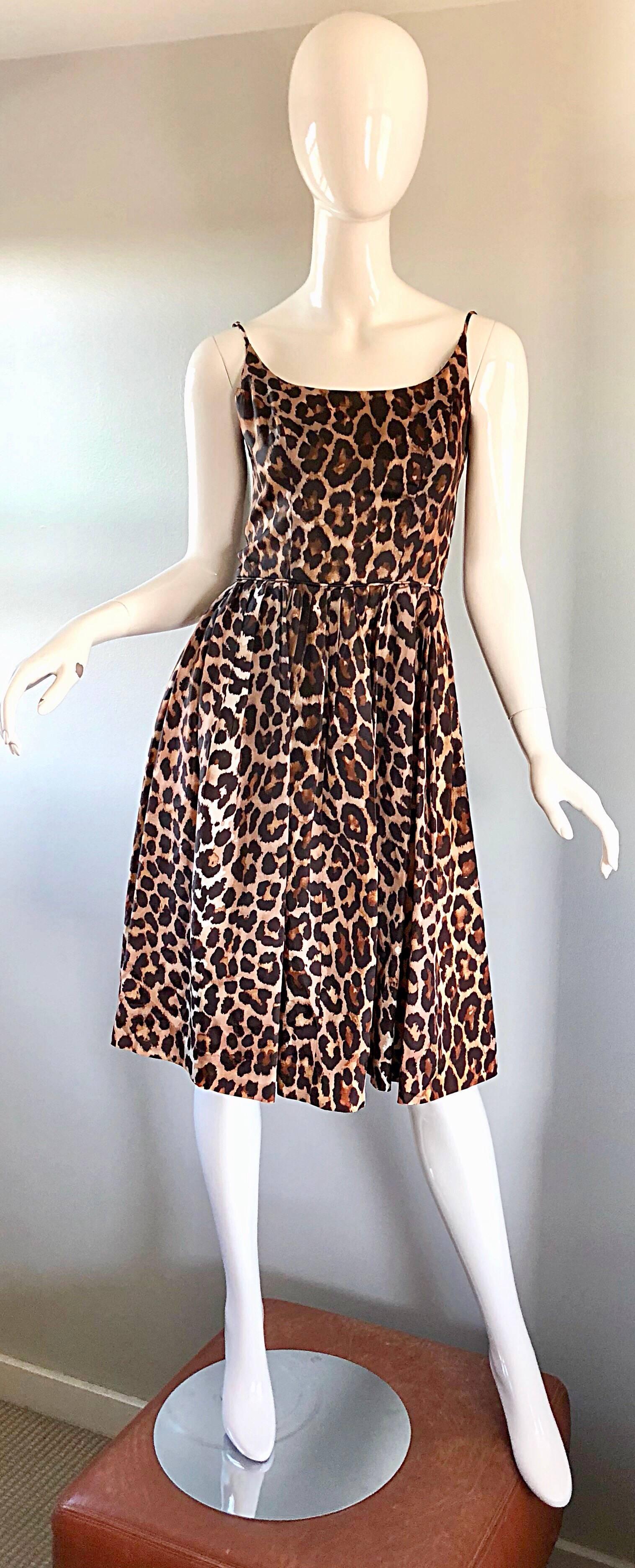 Gorgeous 1950s Demi Couture Leopard Cheetah Print Silk Fit n' Flare 50s Dress For Sale 1