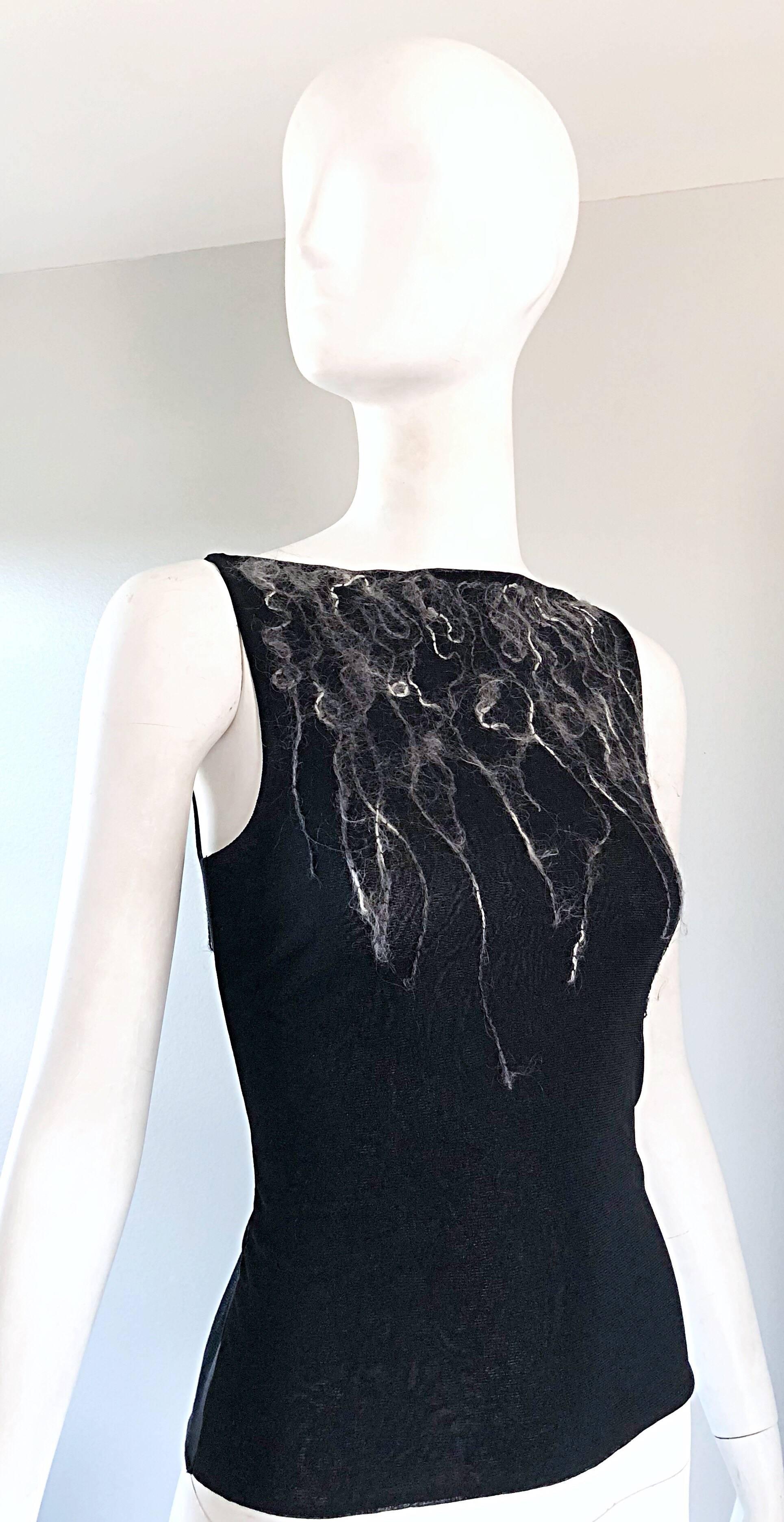 Women's 1990s Vivienne Tam Avant Garde Black and White ' Yarn ' Vintage Sleeveless Top