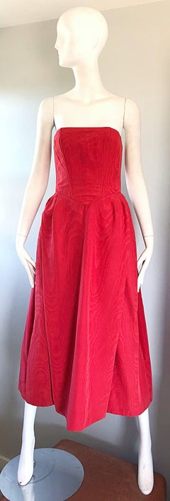 Bob Mackie 1970s Lipstick Red Silk Moire 70s Vintage Strapless Evening Gown