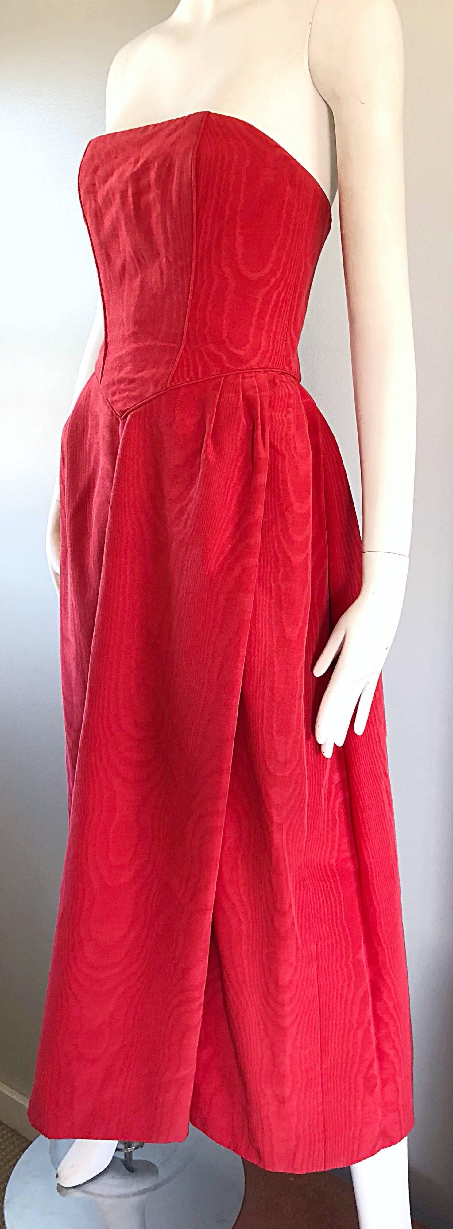 Bob Mackie 1970s Lipstick Red Silk Moire 70s Vintage Strapless Evening Gown In Excellent Condition For Sale In San Diego, CA