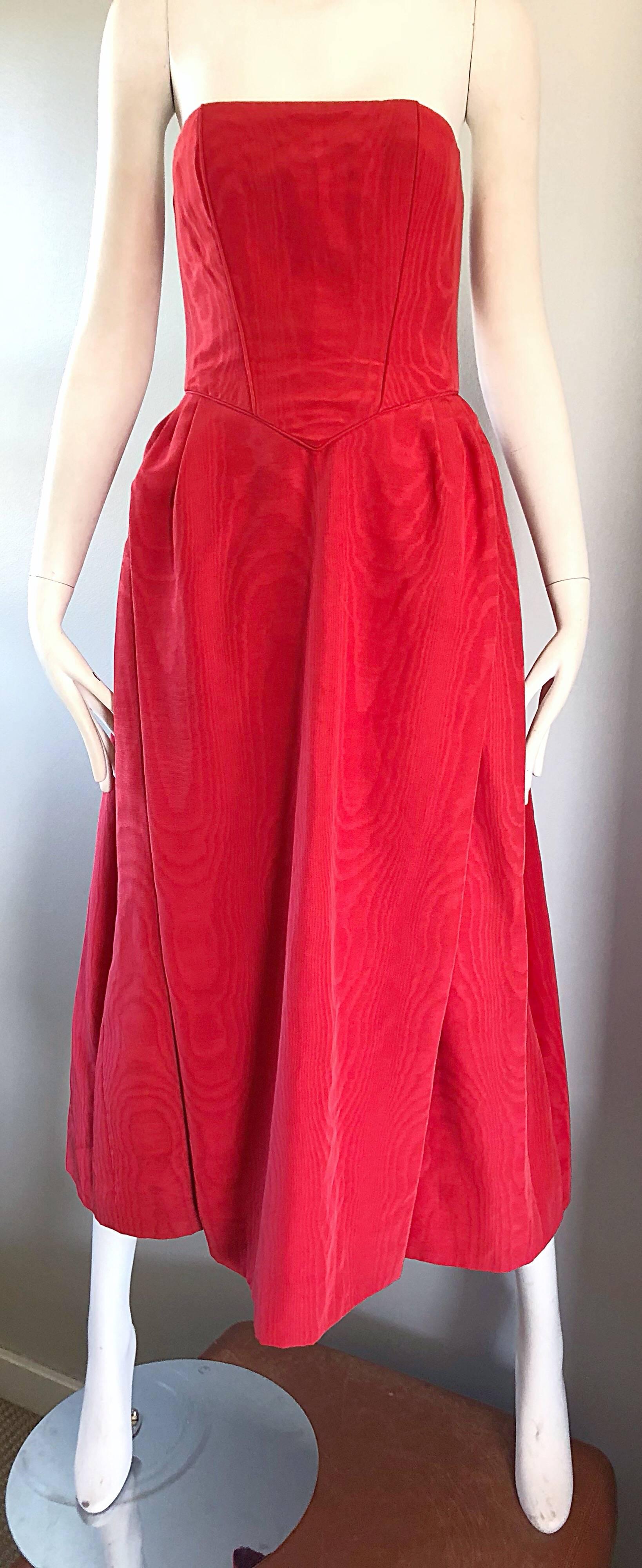 Women's Bob Mackie 1970s Lipstick Red Silk Moire 70s Vintage Strapless Evening Gown For Sale