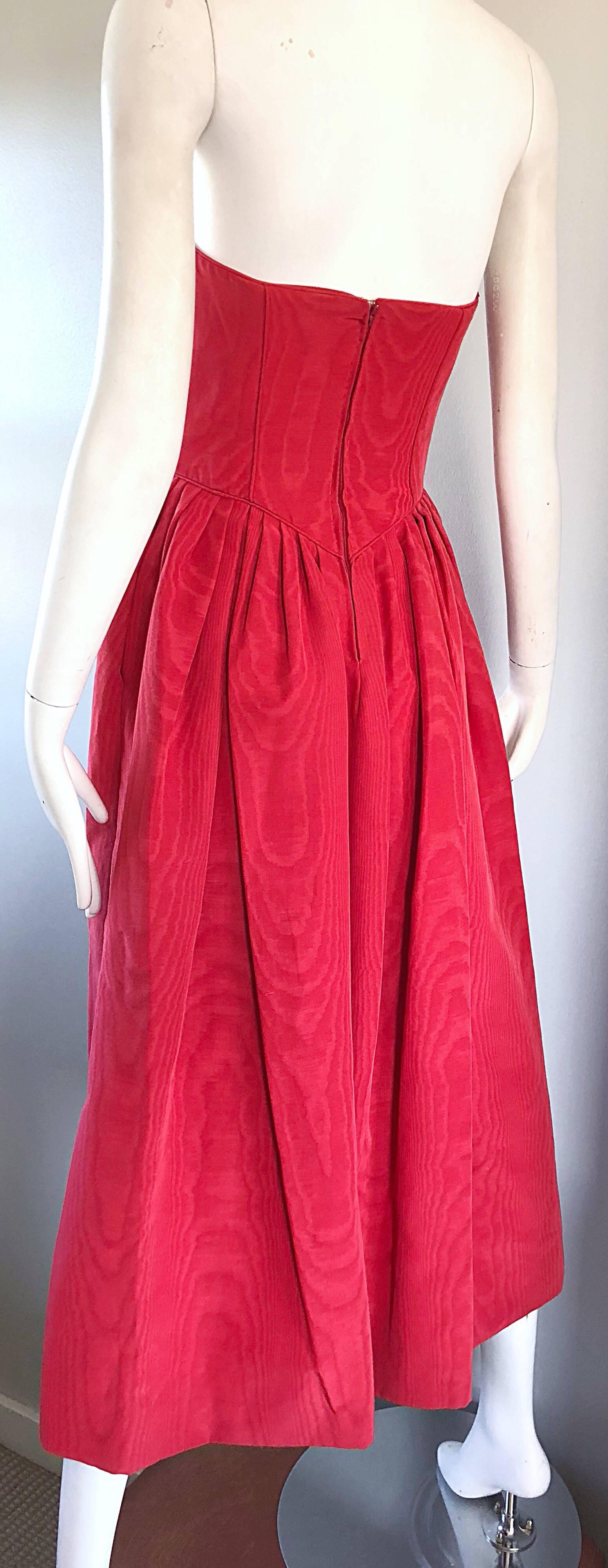 Bob Mackie 1970s Lipstick Red Silk Moire 70s Vintage Strapless Evening Gown For Sale 1
