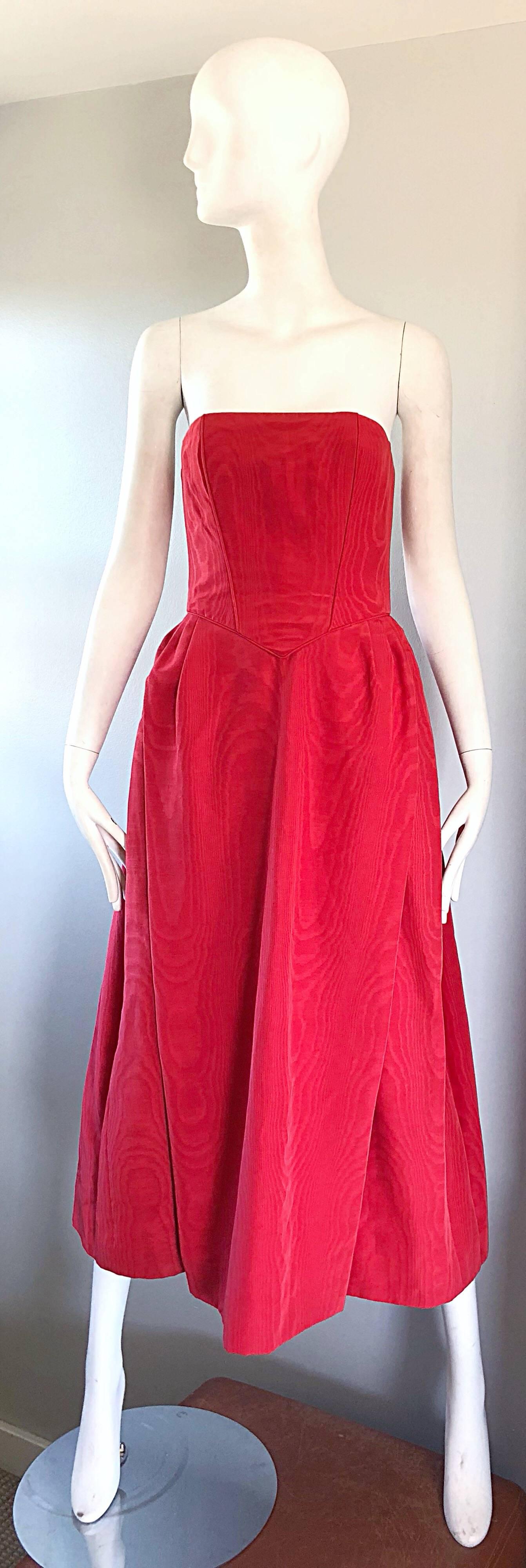 Bob Mackie 1970s Lipstick Red Silk Moire 70s Vintage Strapless Evening Gown For Sale 2