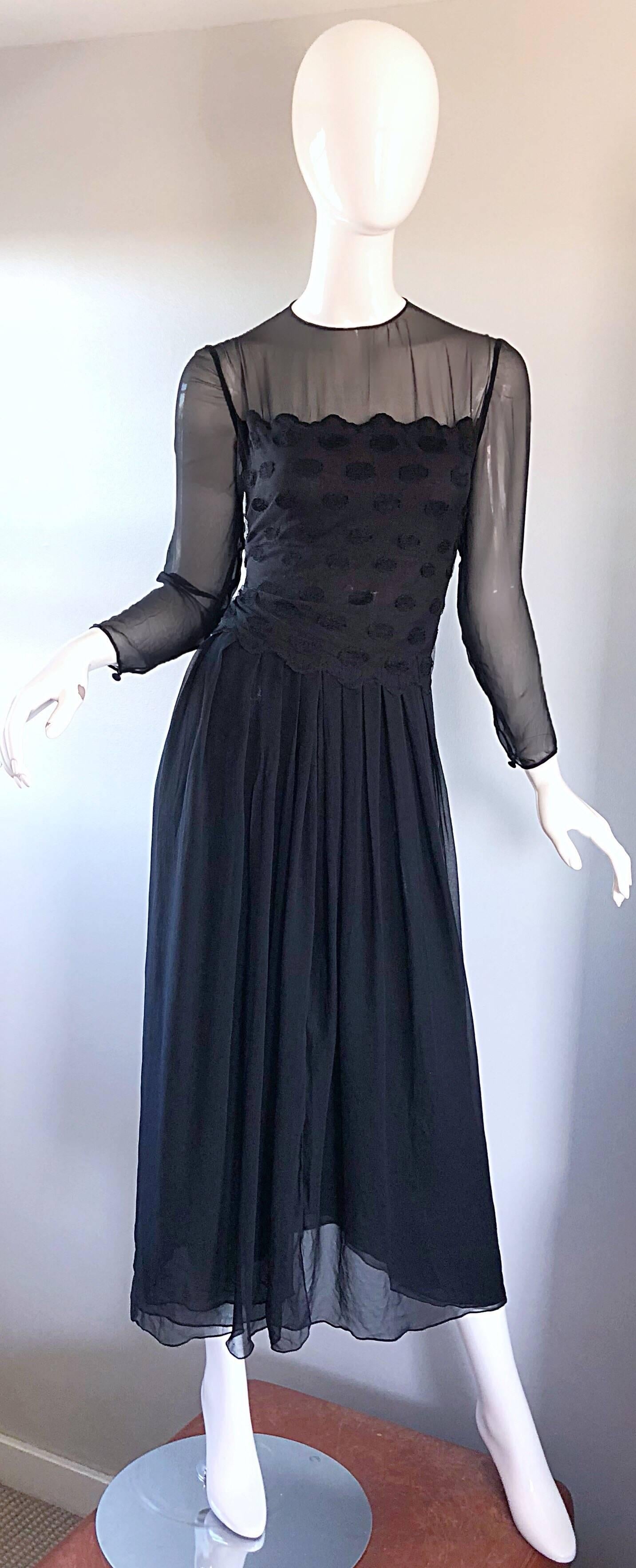 Beautiful 1990s BILL BLASS for BERGDORF GOODMAN couture quality black evening dress! Luxurious black silk chiffon. Black on black polka dot bodice, with semi sheer black chiffon above the front and back bodice, and on the long sleeves. Button