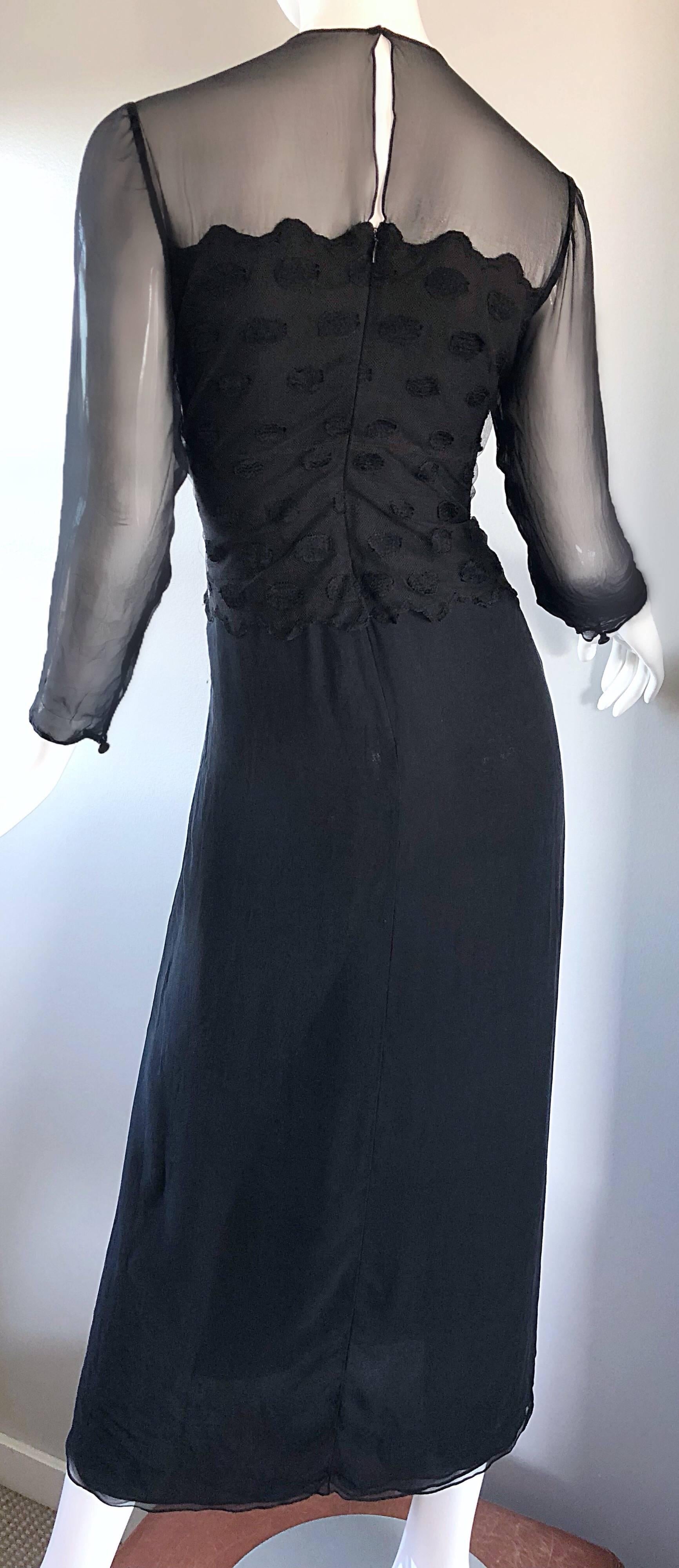 Bill Blass Vintage Size 12 / 14 Black Silk Chiffon 1990s Long Sleeve 90s Gown For Sale 1