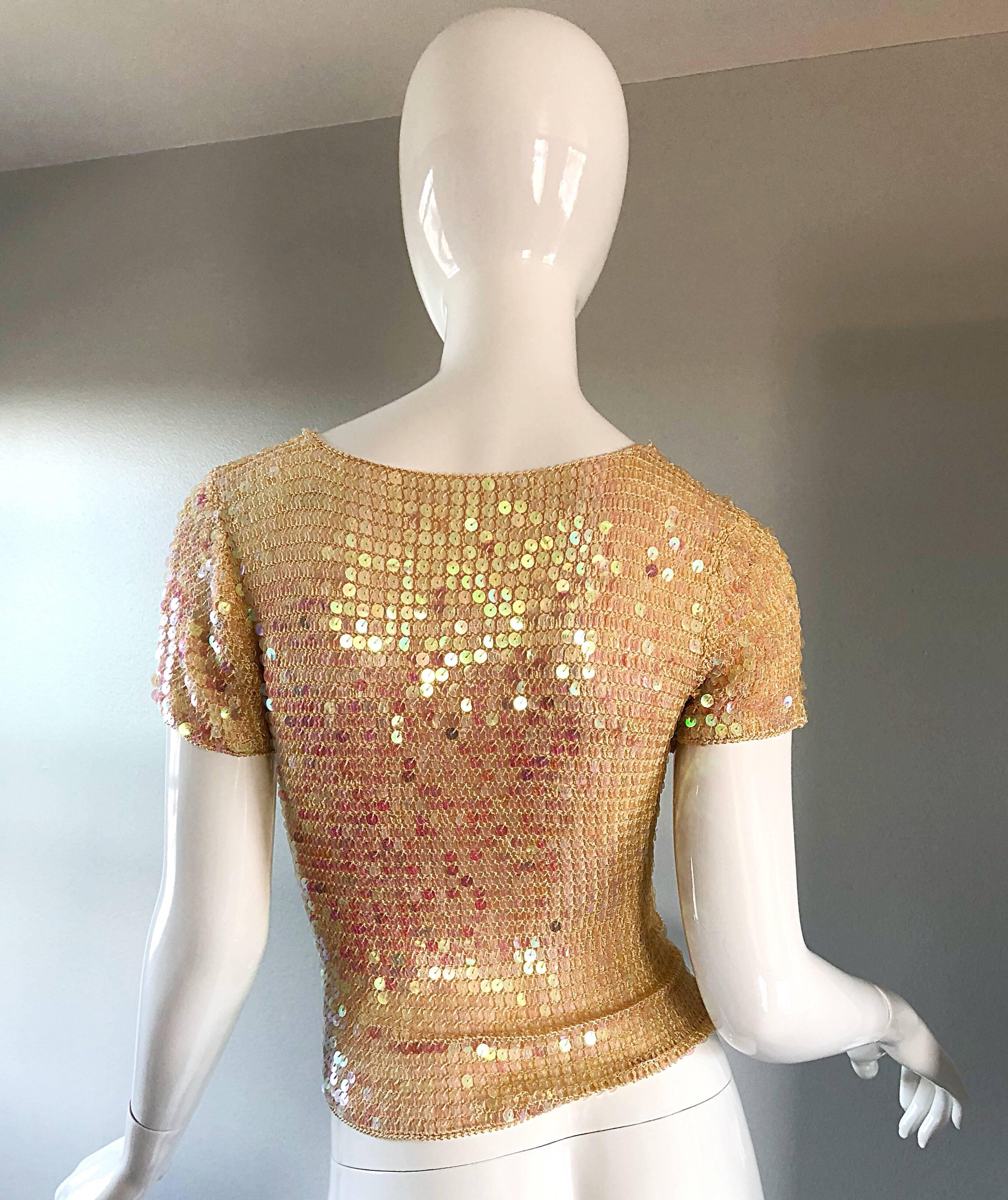 Fabulous 1990s Pink Champagne Fully Sequined Vintage Crochet Knit 90s Crop Top In Excellent Condition In San Diego, CA