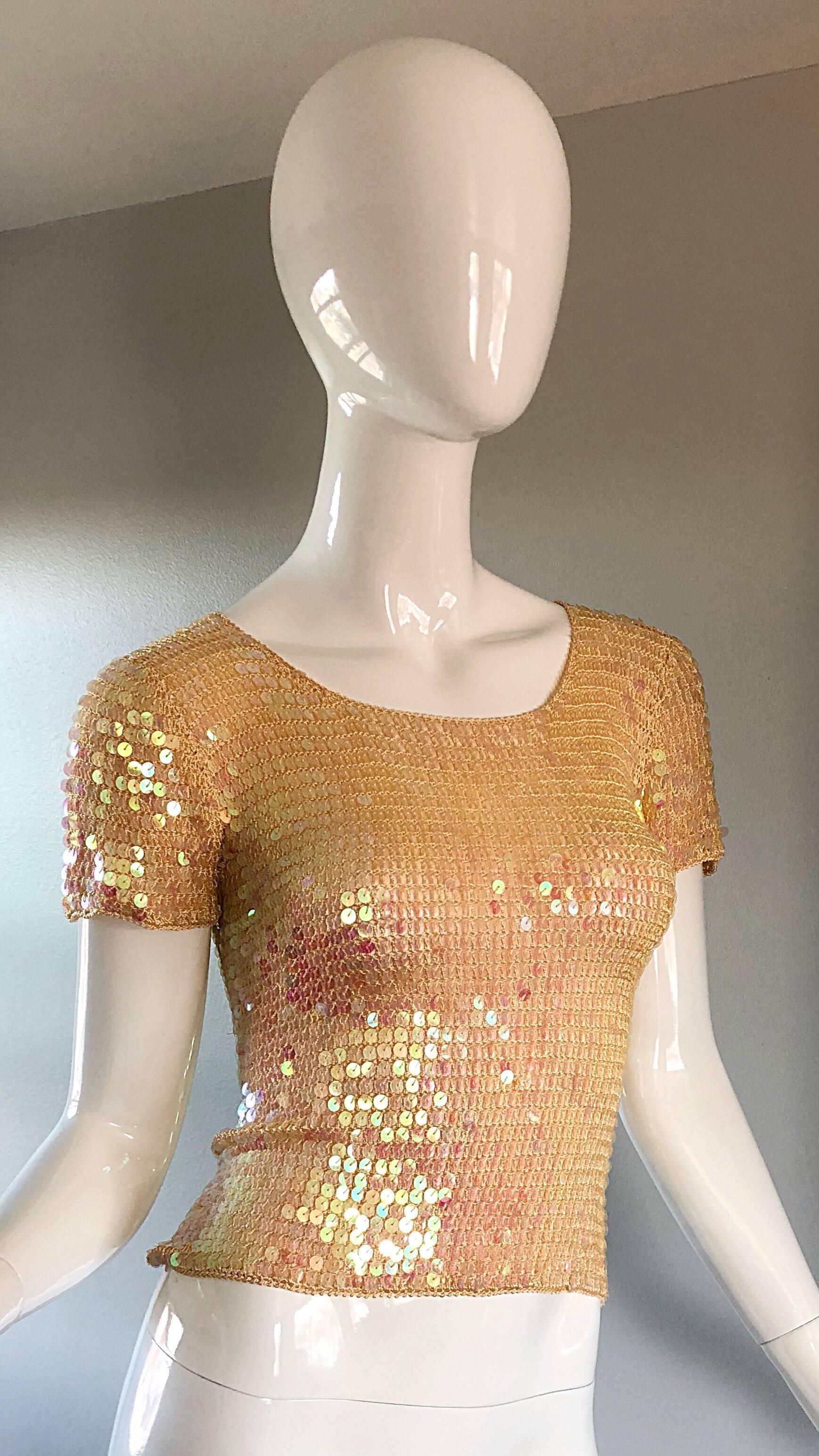 Women's Fabulous 1990s Pink Champagne Fully Sequined Vintage Crochet Knit 90s Crop Top