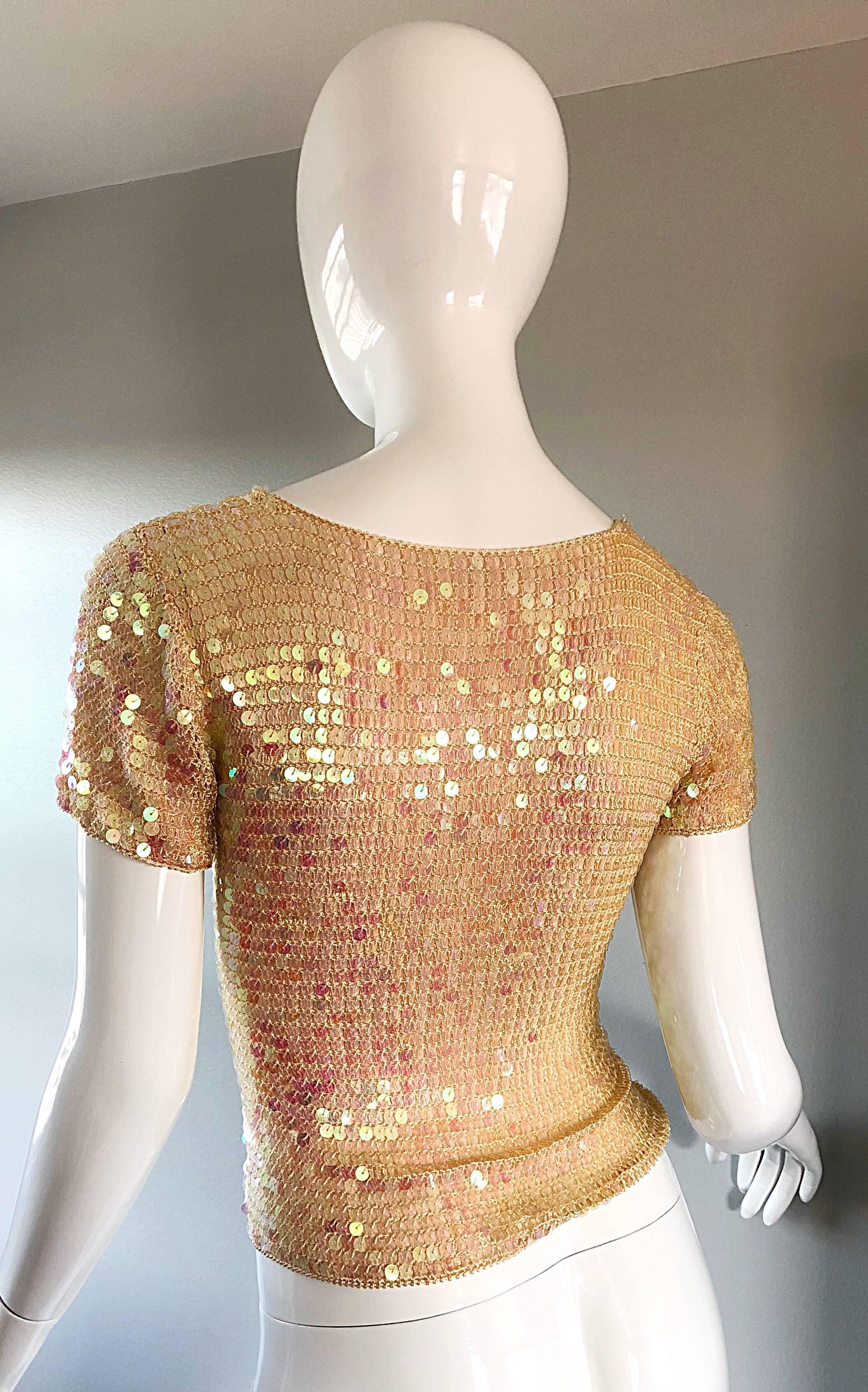 Fabulous 1990s Pink Champagne Fully Sequined Vintage Crochet Knit 90s Crop Top 1