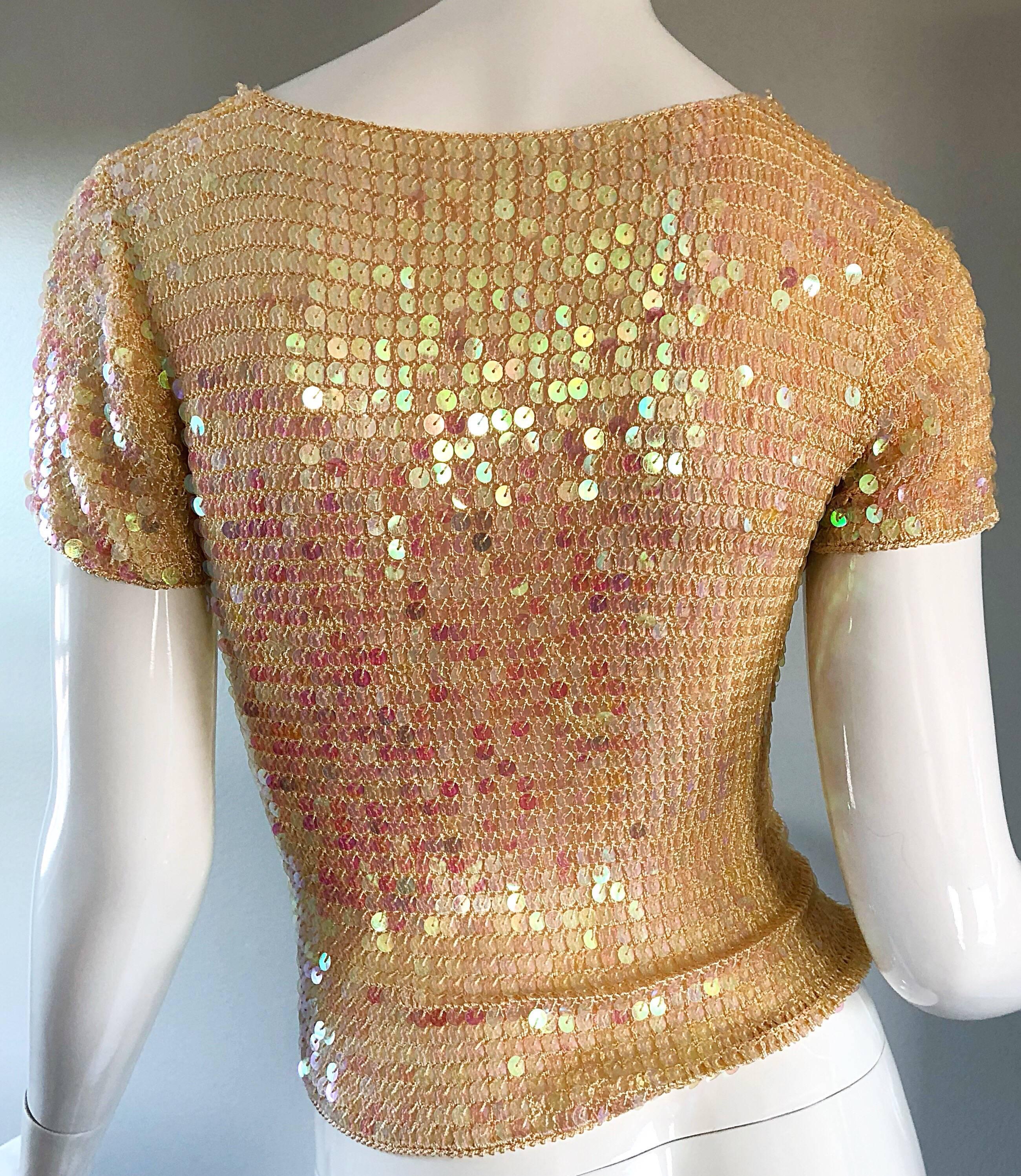 Fabulous 1990s Pink Champagne Fully Sequined Vintage Crochet Knit 90s Crop Top 3