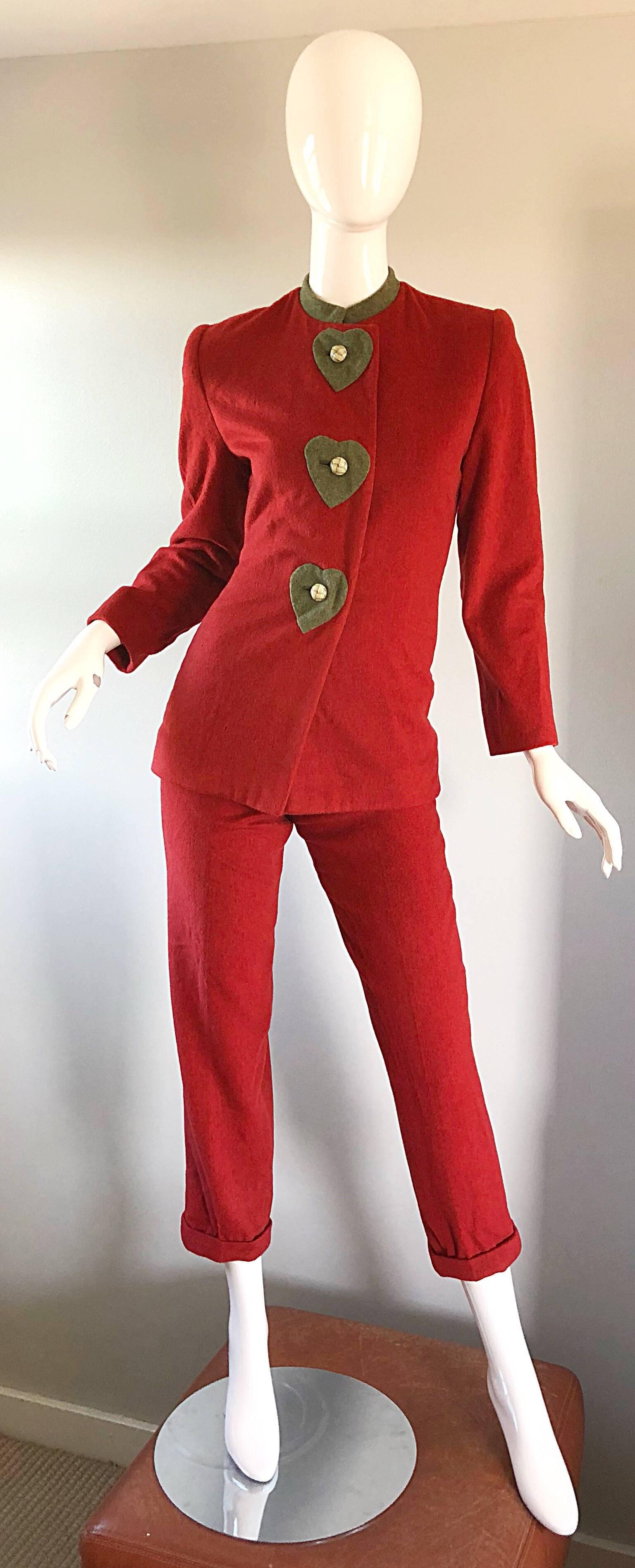 Rare vintage early 90s CAROLINA HERRERA brick red + forest green novelty cropped trouser jacket / blazer suit virgin wool ensemble! Features a tailored mondrian collar fitted jacket, with high rise slim cropped cuffed pants. Pants feature hidden