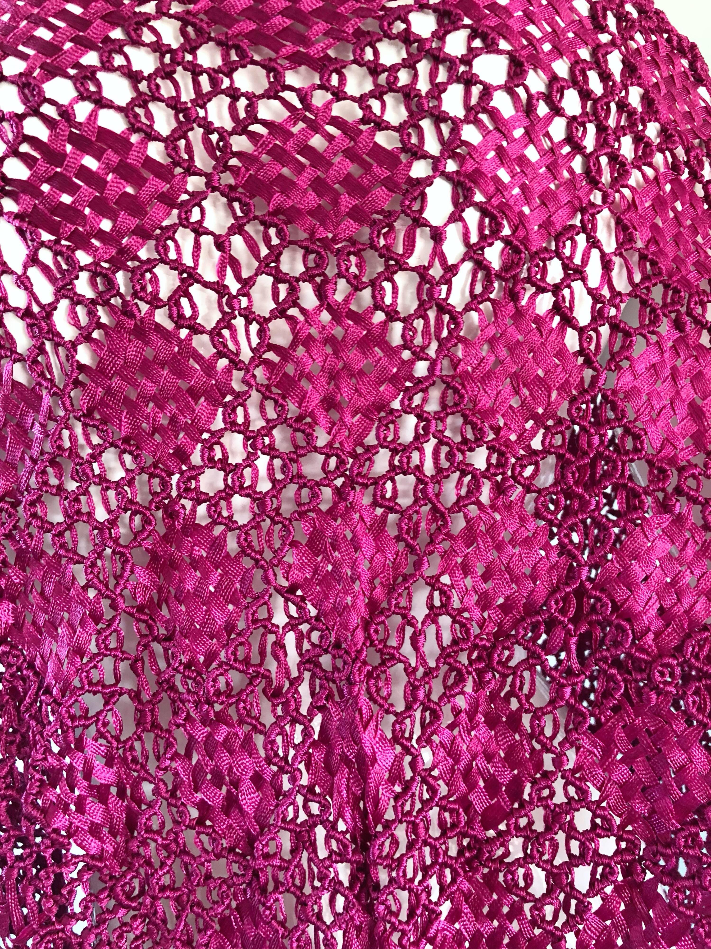 Fuchsia Hot Pink Rayon Hand Crochet Large Vintage Fringed Piano Shawl, 1970s  In Excellent Condition In San Diego, CA
