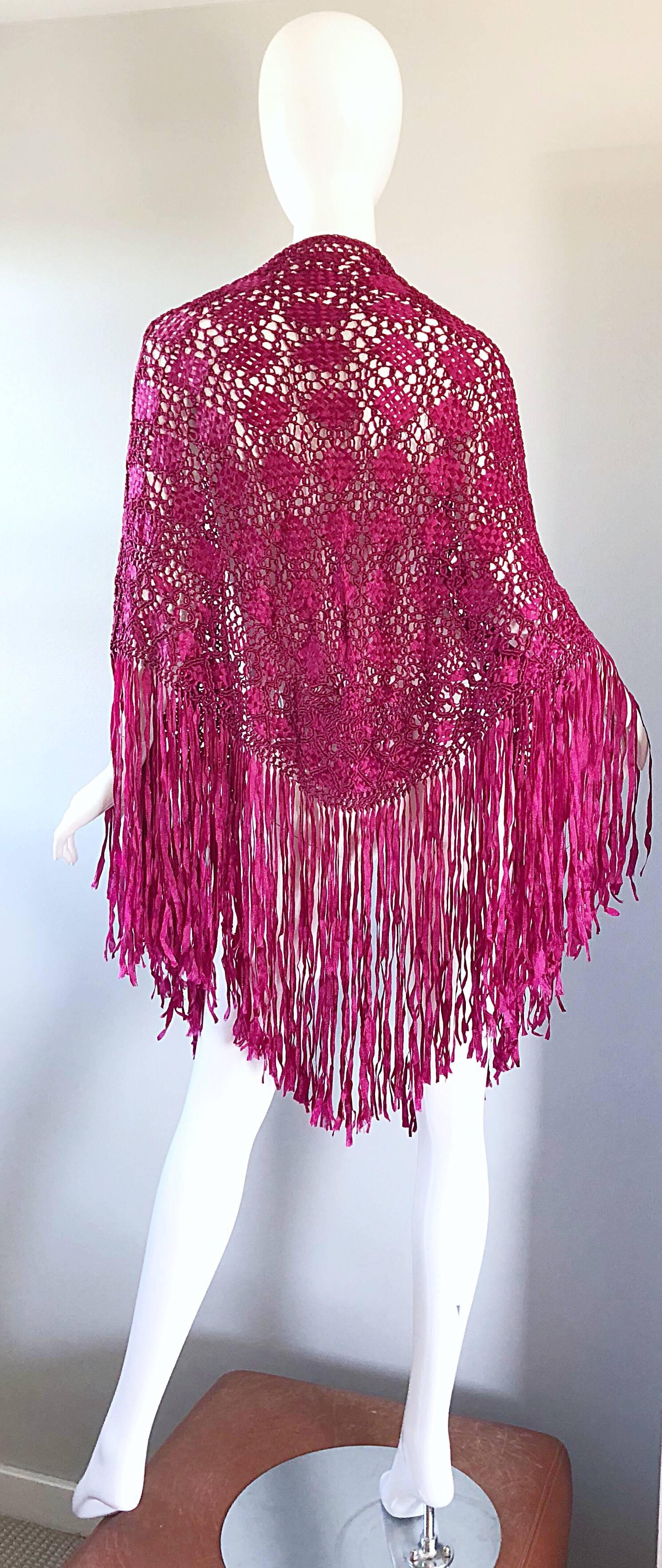 Women's Fuchsia Hot Pink Rayon Hand Crochet Large Vintage Fringed Piano Shawl, 1970s 