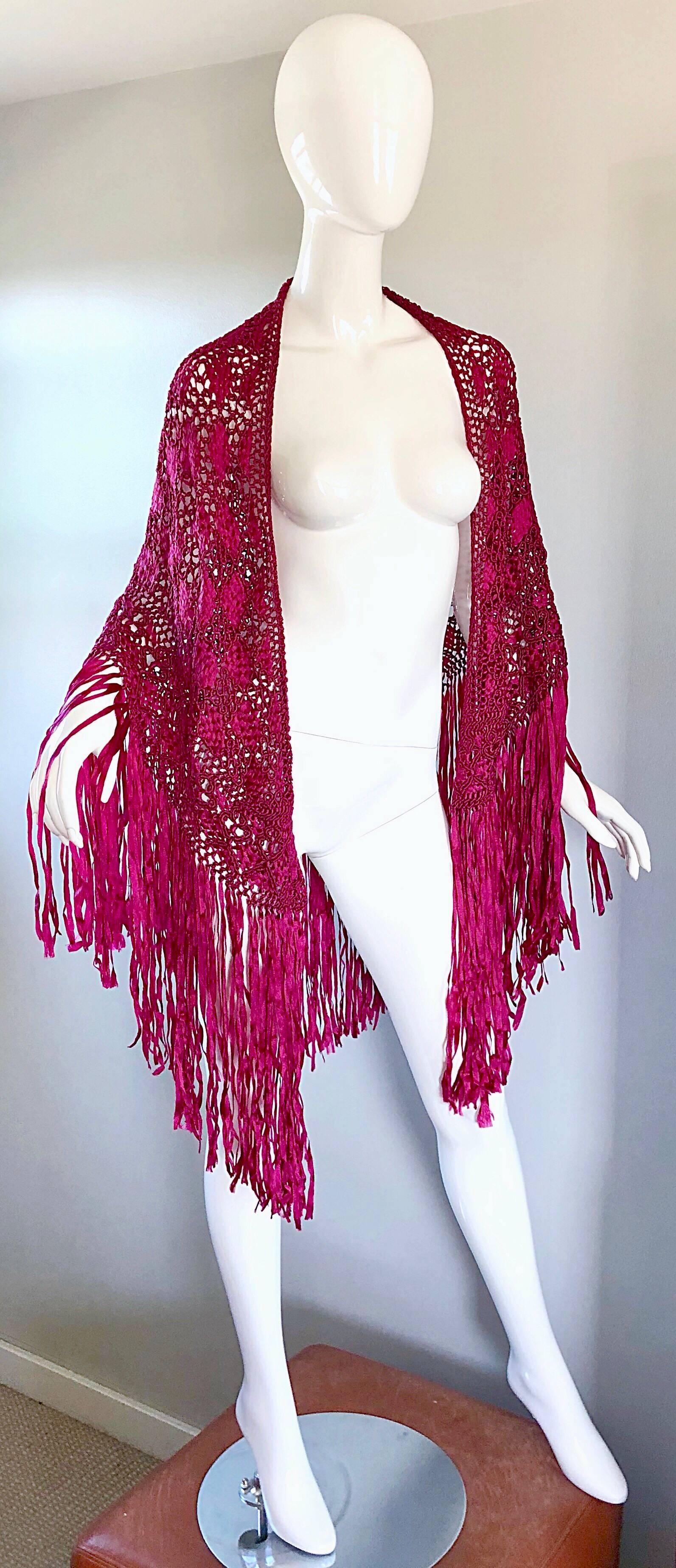 Fuchsia Hot Pink Rayon Hand Crochet Large Vintage Fringed Piano Shawl, 1970s  1
