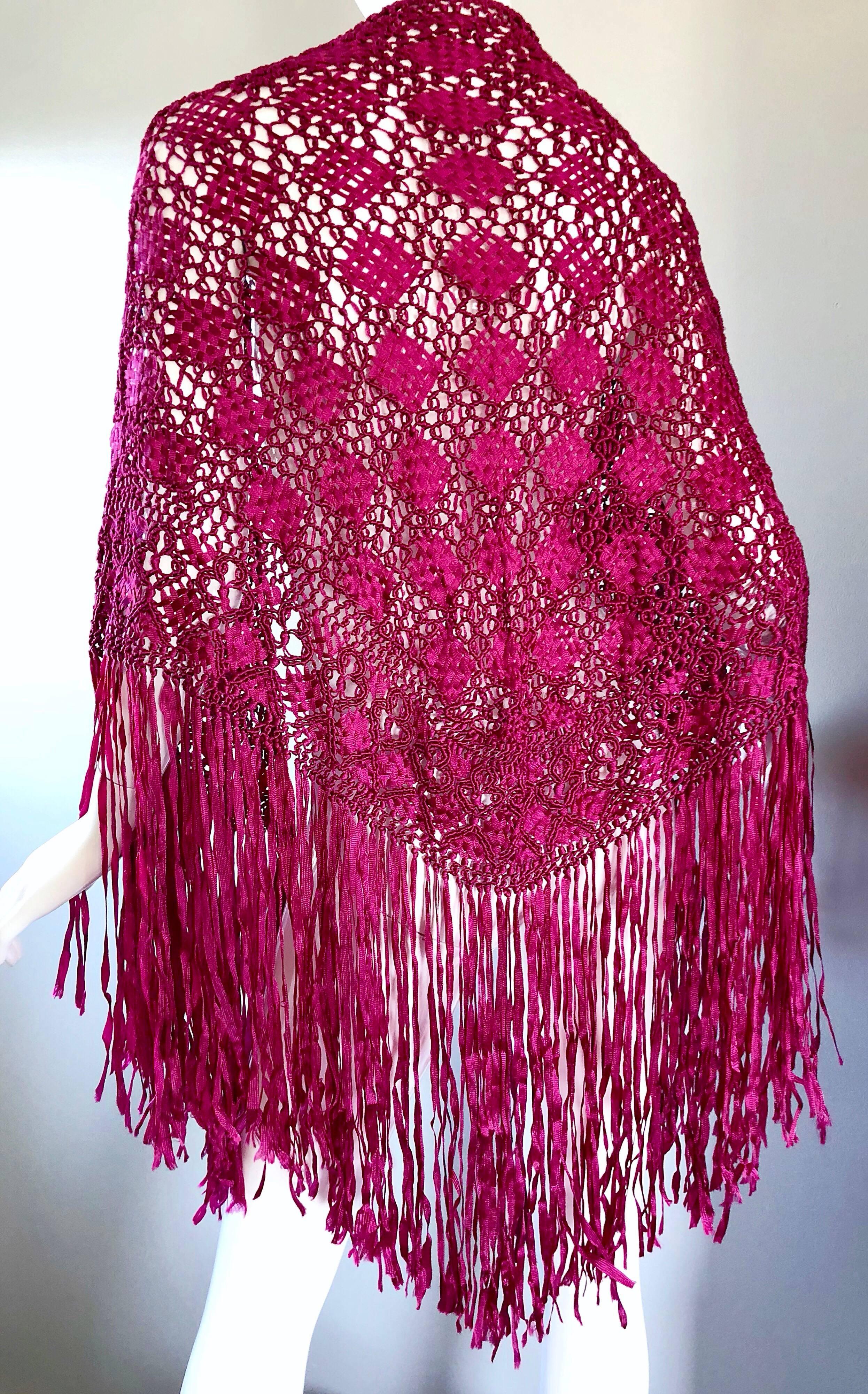 Fuchsia Hot Pink Rayon Hand Crochet Large Vintage Fringed Piano Shawl, 1970s  2
