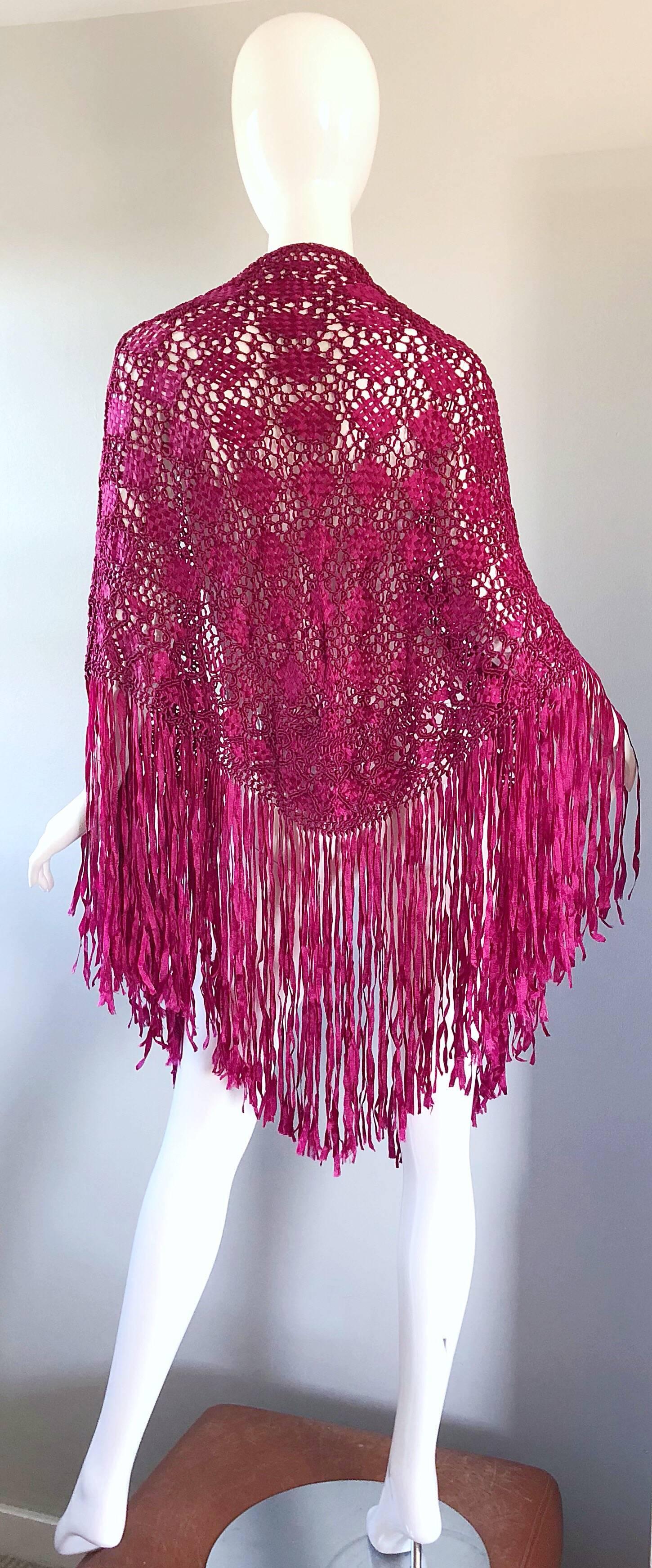 Fuchsia Hot Pink Rayon Hand Crochet Large Vintage Fringed Piano Shawl, 1970s  4