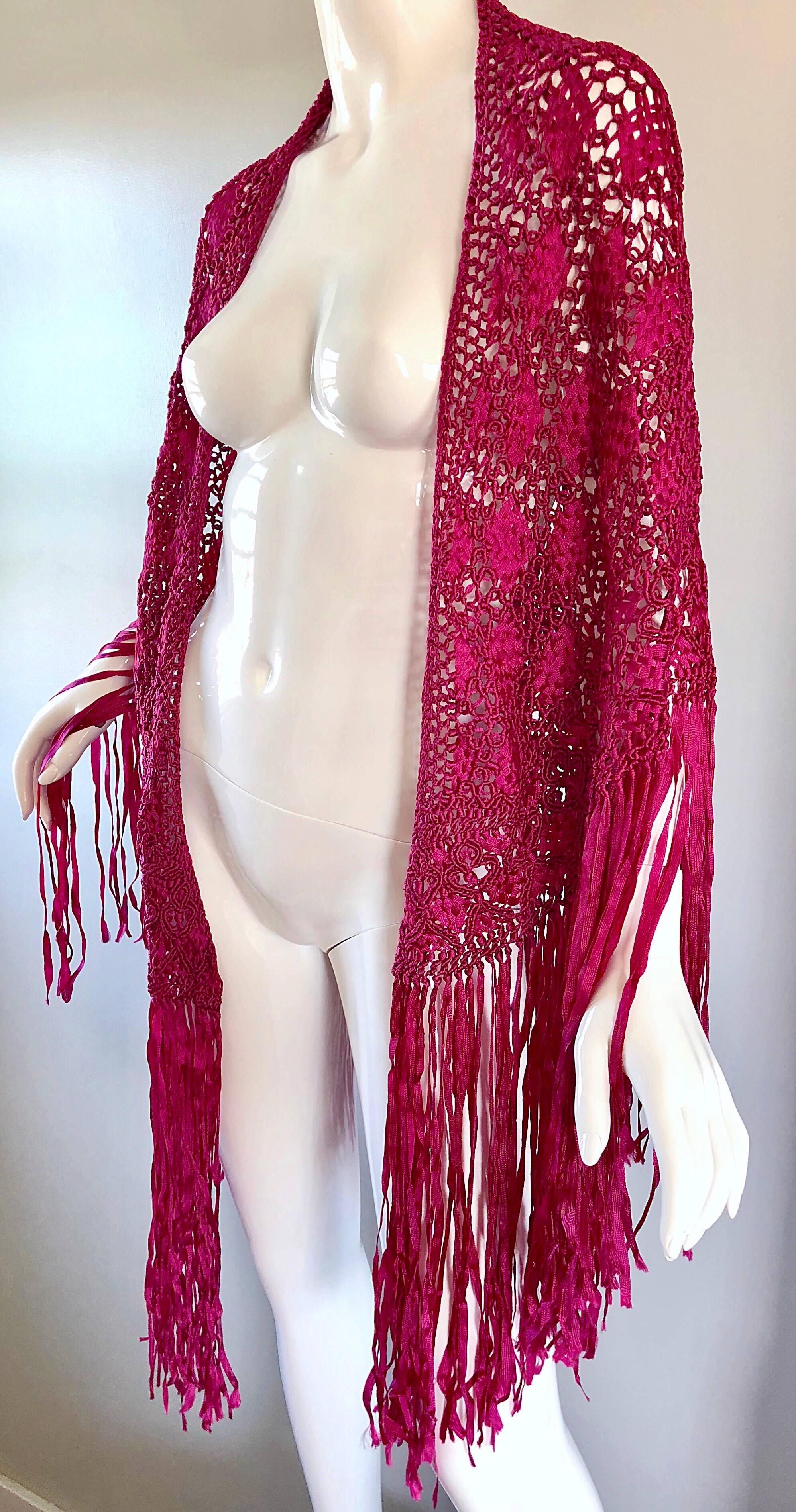 Fuchsia Hot Pink Rayon Hand Crochet Large Vintage Fringed Piano Shawl, 1970s  5