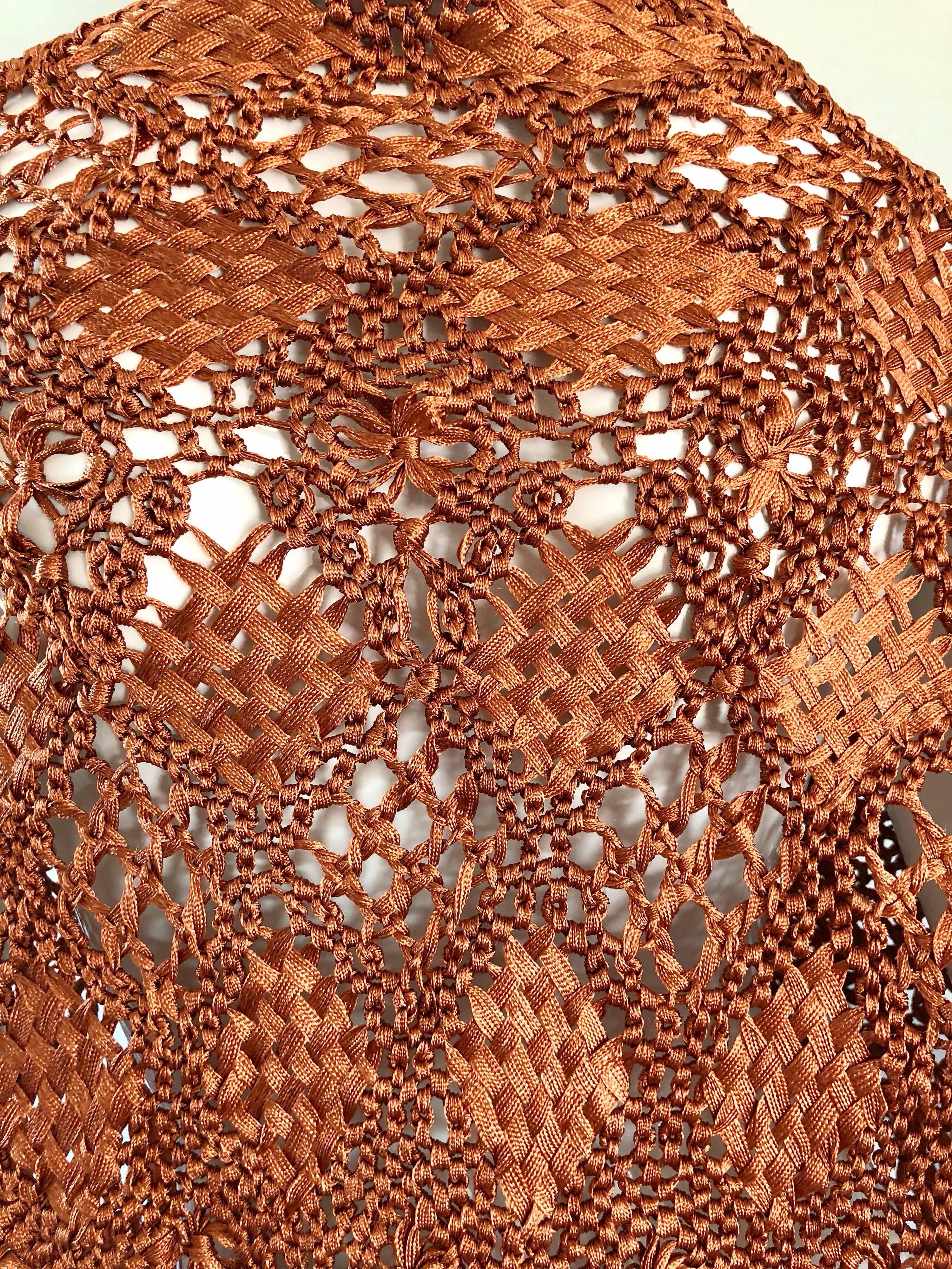Women's 1970s Terra Cotta / Tan Brown Hand Crochet Rayon Vintage Fringe Piano Shawl For Sale