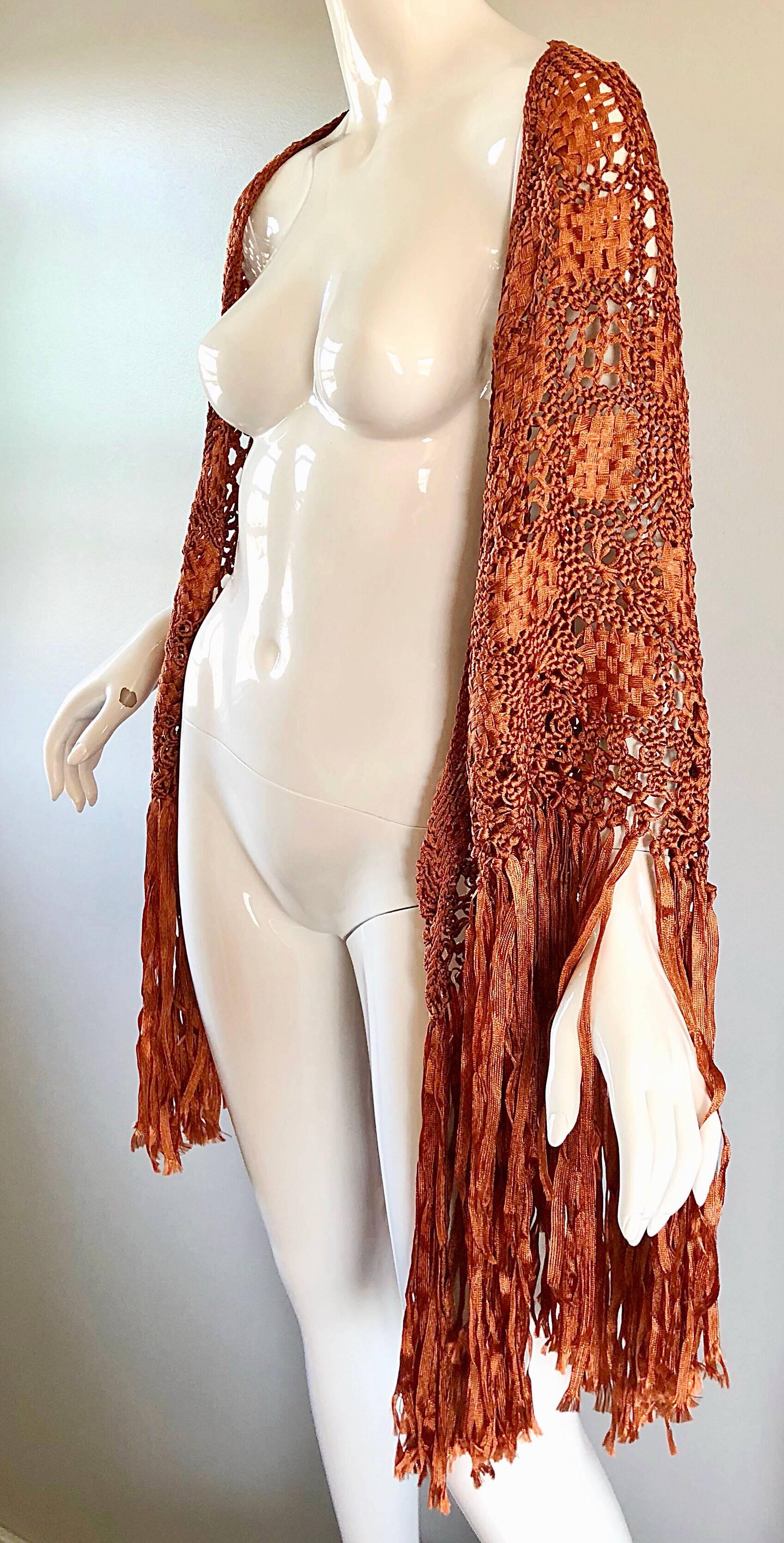 1970s Terra Cotta / Tan Brown Hand Crochet Rayon Vintage Fringe Piano Shawl  For Sale 1