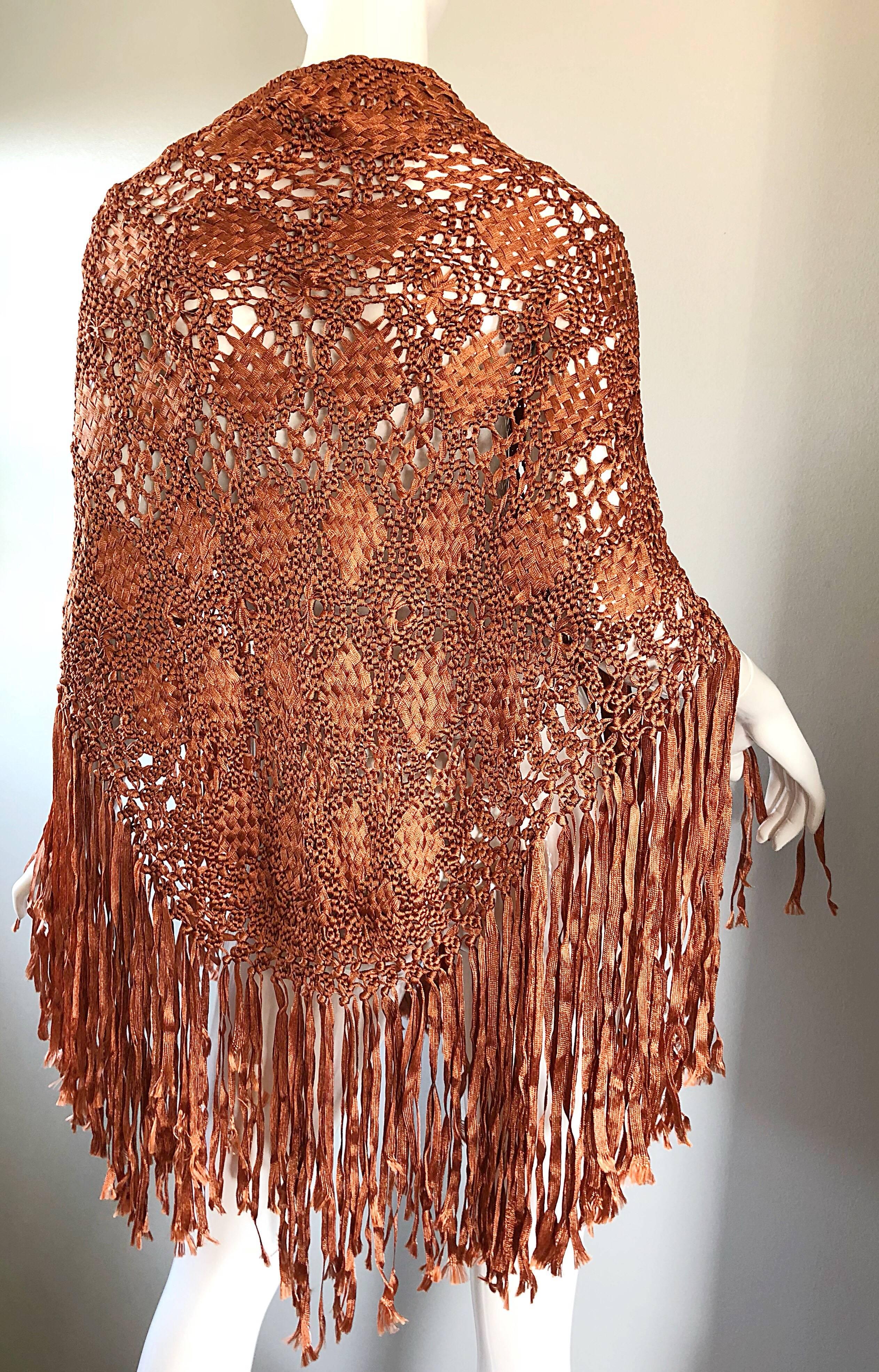 1970s Terra Cotta / Tan Brown Hand Crochet Rayon Vintage Fringe Piano Shawl  For Sale 2