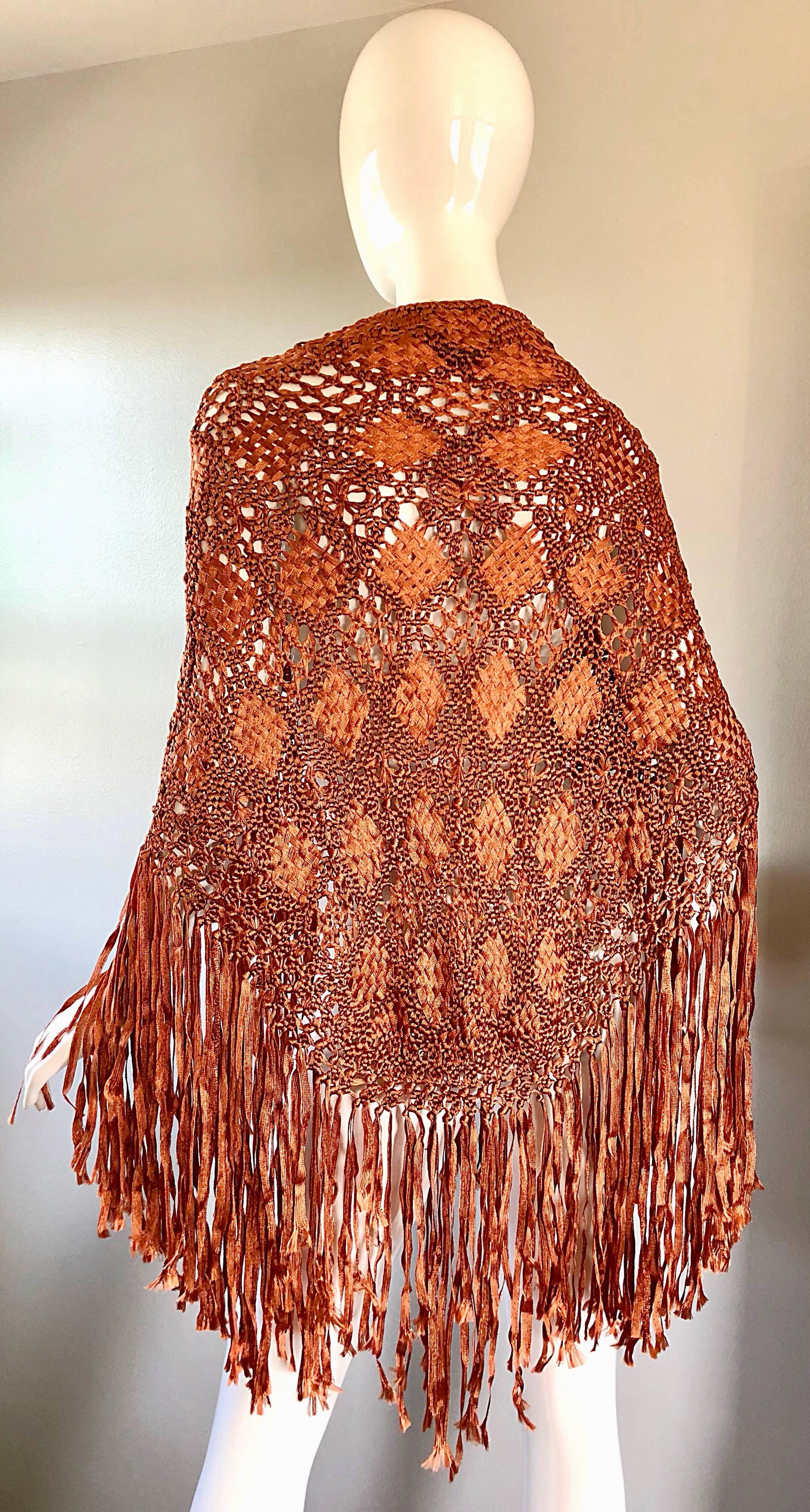 1970s Terra Cotta / Tan Brown Hand Crochet Rayon Vintage Fringe Piano Shawl  For Sale 4