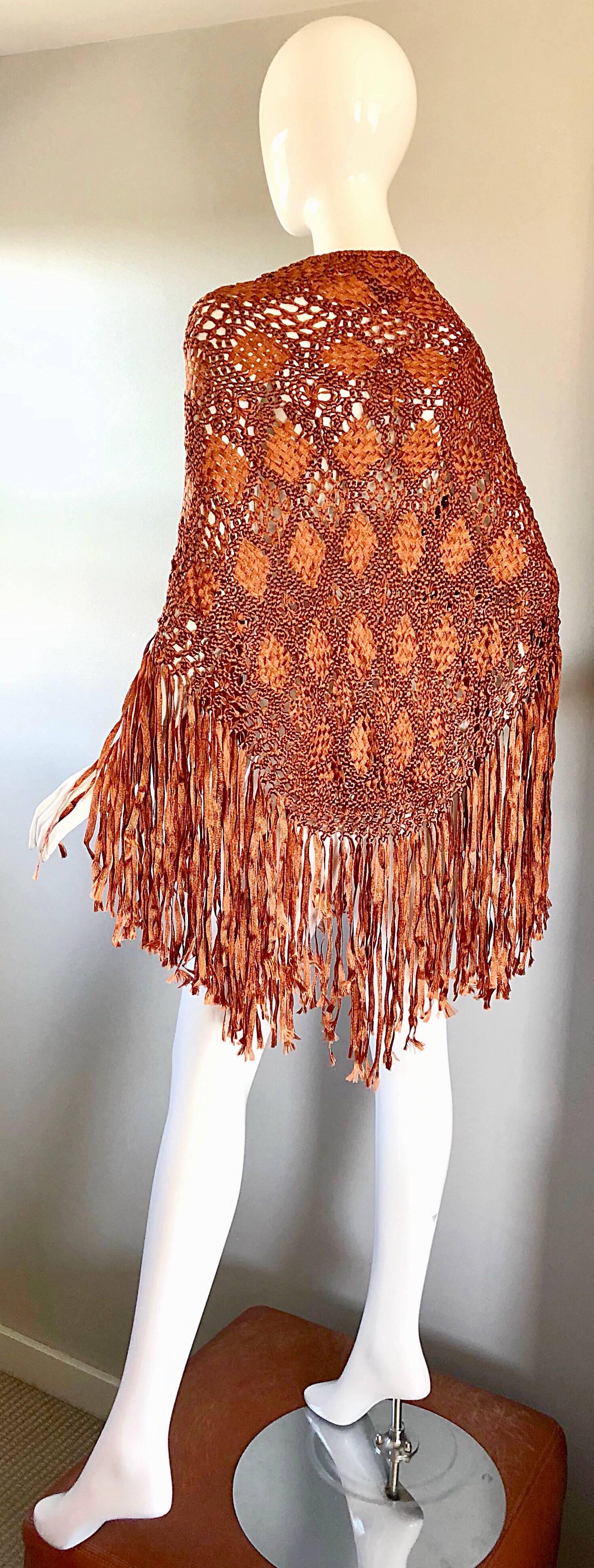 1970s Terra Cotta / Tan Brown Hand Crochet Rayon Vintage Fringe Piano Shawl  For Sale 5