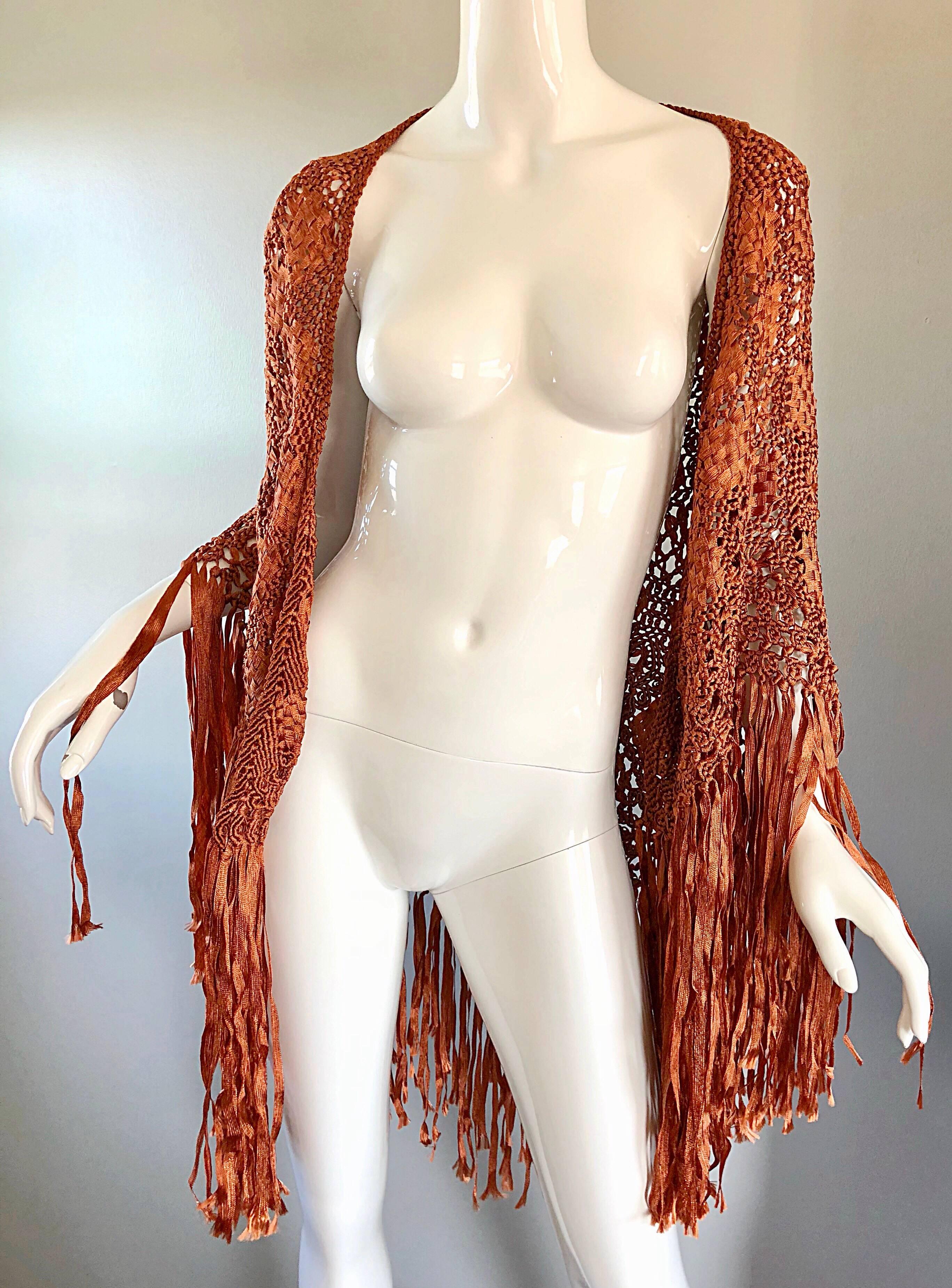 1970s Terra Cotta / Tan Brown Hand Crochet Rayon Vintage Fringe Piano Shawl  For Sale 6