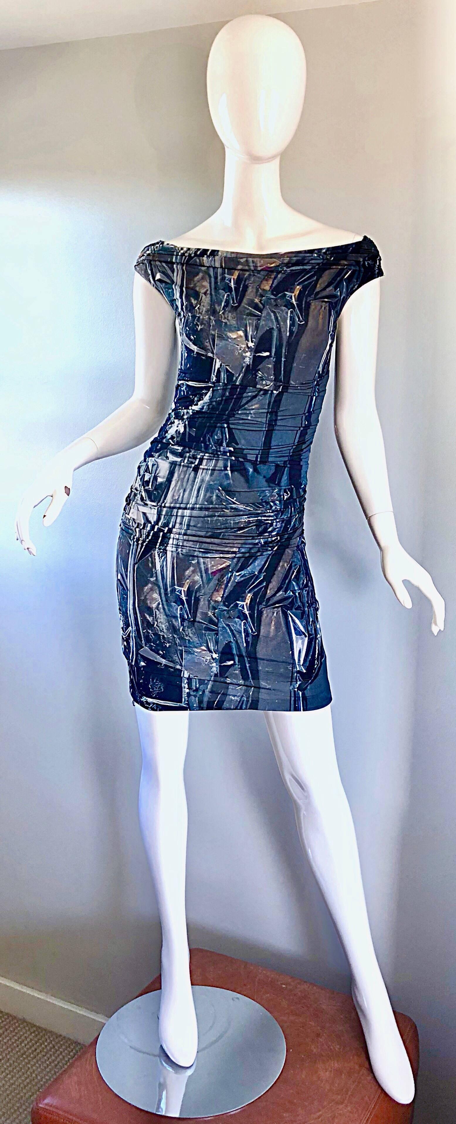 Rare and sexy late 90s HELMUT LANG 'galaxy / space' print bodycon dress! Features a seductive off the shoulder silhouette, with flattering ruching throughout the bodice and skirt. 
Rayon (90%) and Spandex (10%) soft jersey fabric stretches to fit.