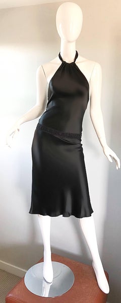 1990s Vera Wang Black Beaded Slinky Size 4 - 6 Vintage 90s Halter Dress